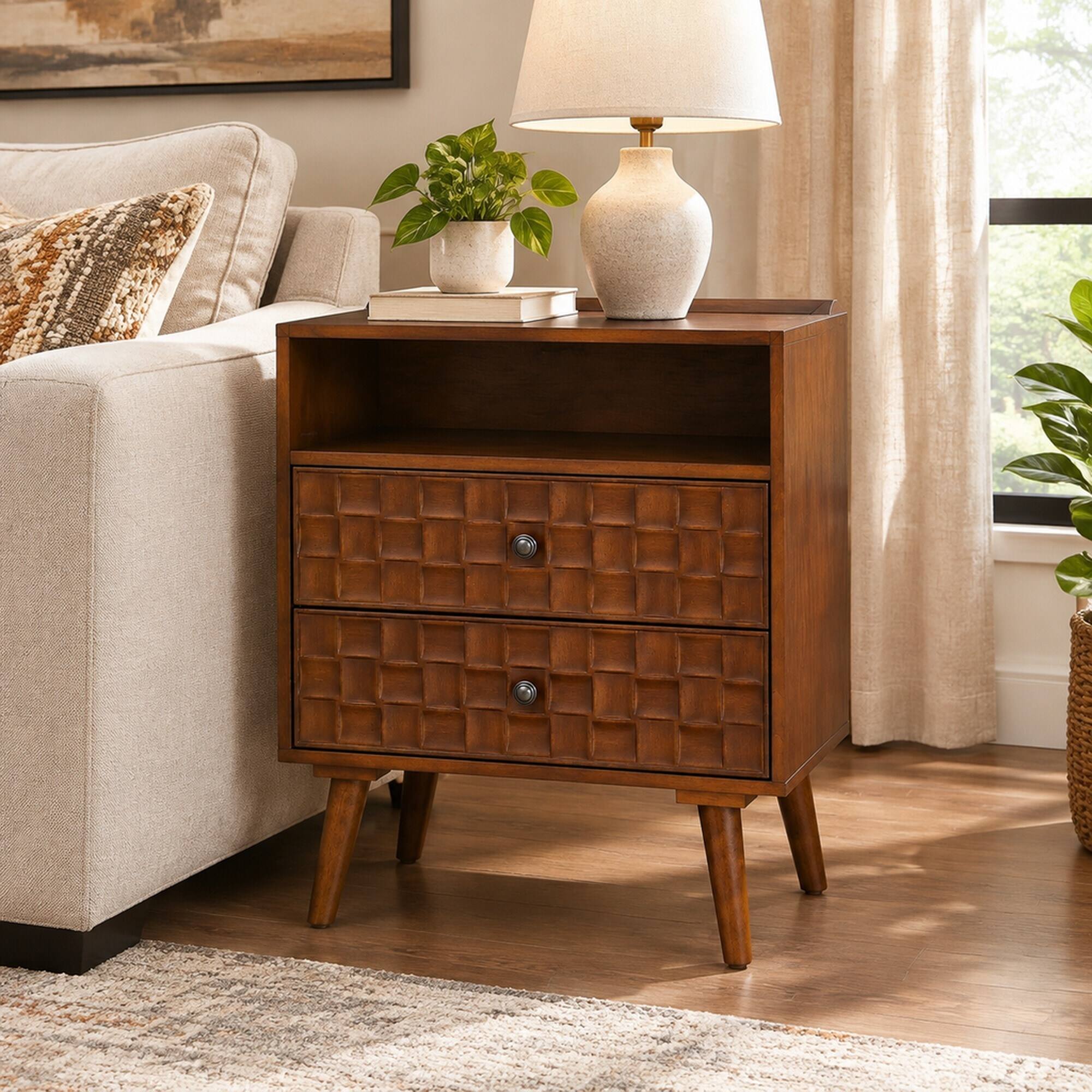 Left. RYHNUYNE - 2 Drawer Nightstand, Bedside Table with Charging Station, Open Shelf, Solid Wood Legs, 23.5 in Wide - Walnut.