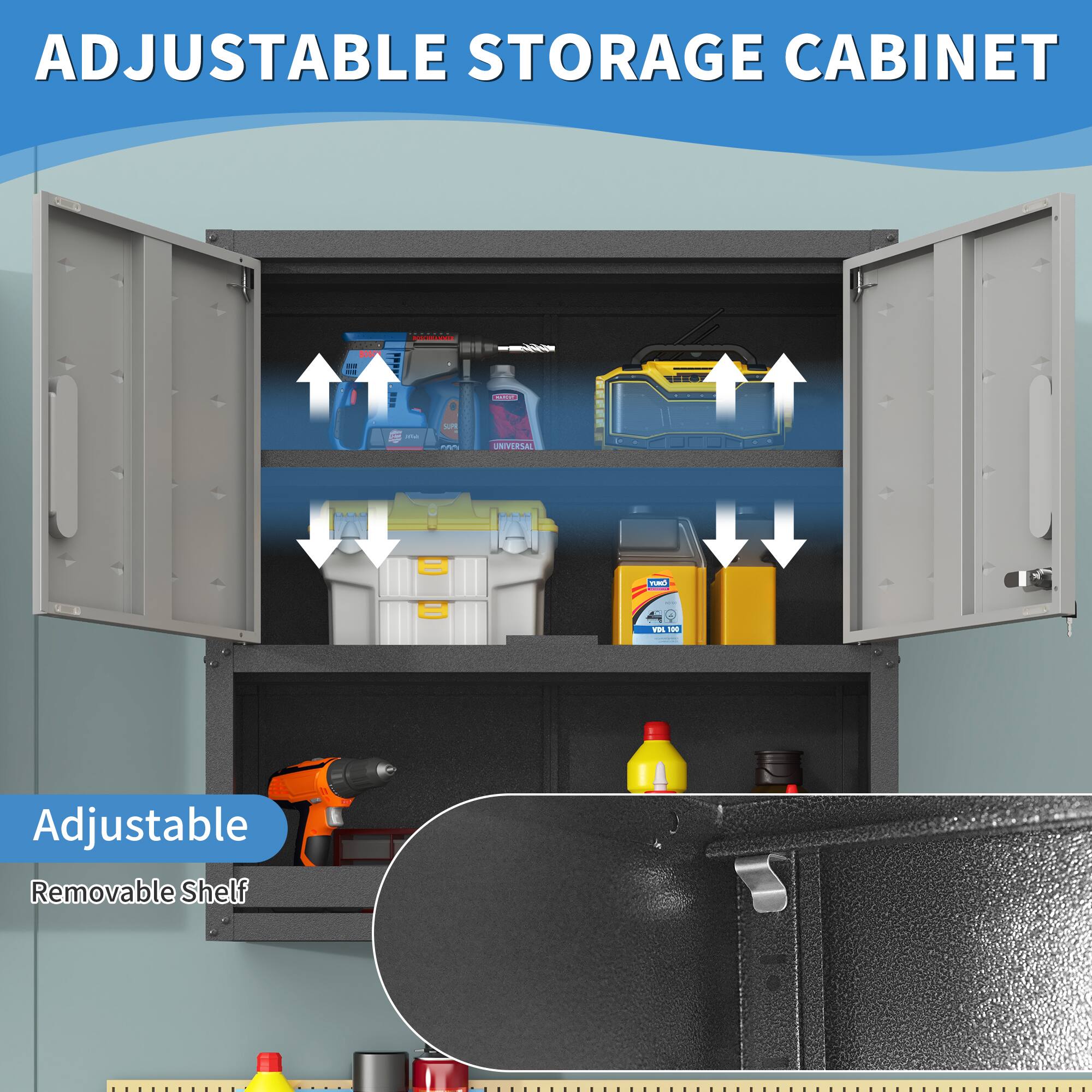 ADJUSTABLE STORAGE CABINET

Adjustable Removable Shelf