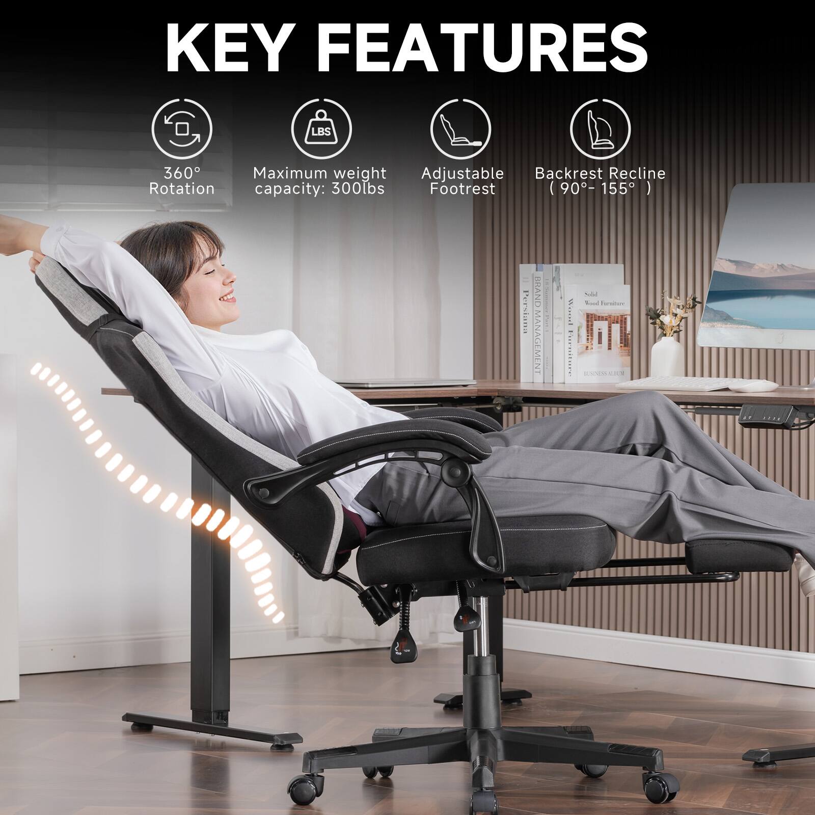 KEY FEATURES

- 360° Rotation
- Maximum weight capacity: 300lbs
- Adjustable Footrest
- Backrest Recline (90° - 155°)