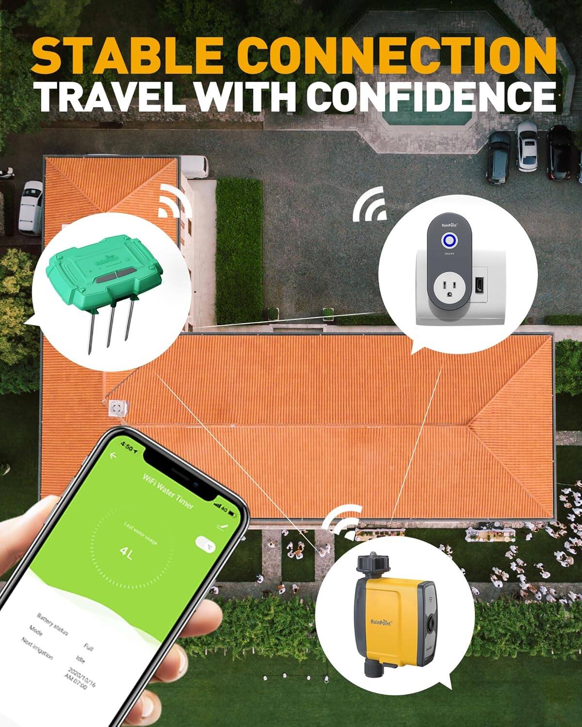 STABLE CONNECTION  
TRAVEL WITH CONFIDENCE  

WiFi Water Timer  
Liditwator  
Lot shage 4L  
Battery Mode status  
Next Full  
2020/10/16  
RainPoint