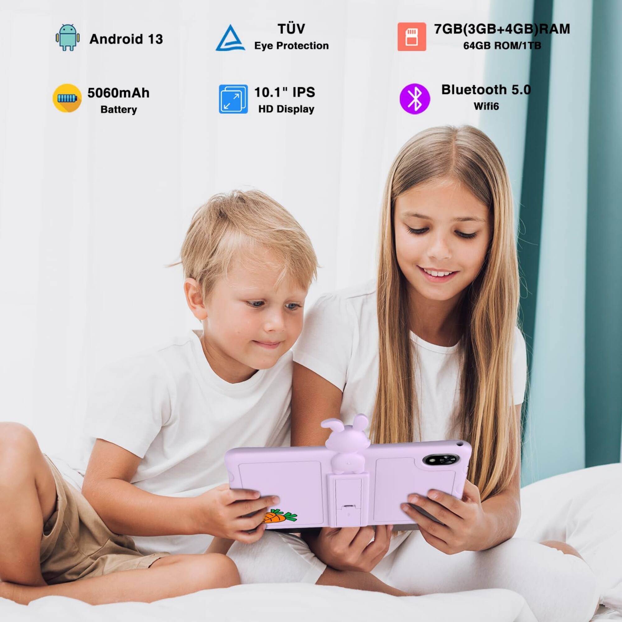 Android 13  
Eye Protection  
7GB (3GB+4GB) RAM  
64GB ROM/1TB  
5060mAh Battery  
10.1" IPS HD Display  
Bluetooth 5.0  
Wifi6