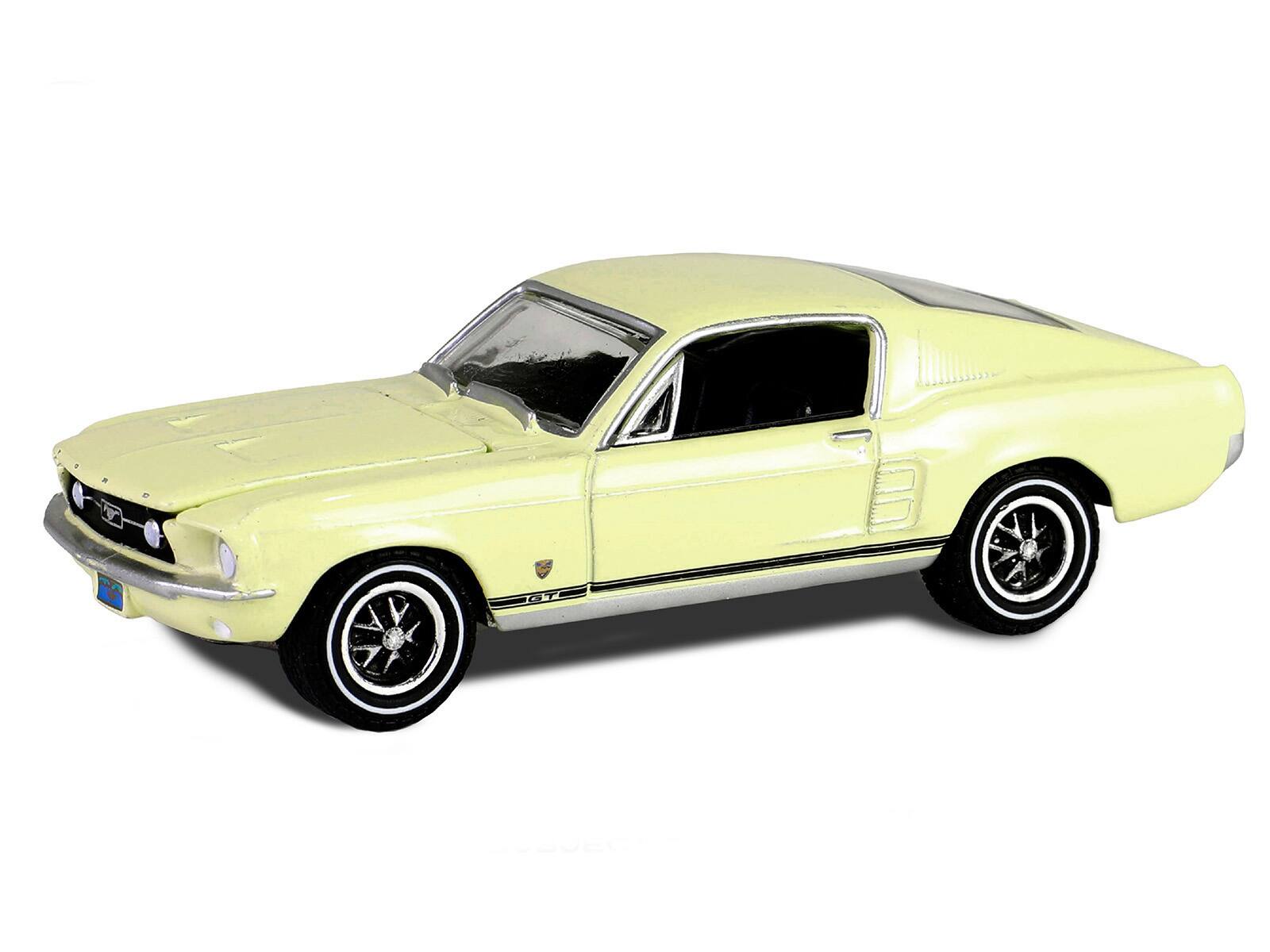 Angle. Greenlight - 1967 Ford Mustang GT Fastback "High Country Special" Aspen Gold "Hobby Exclusive" Series 1/64 Diecast - White.