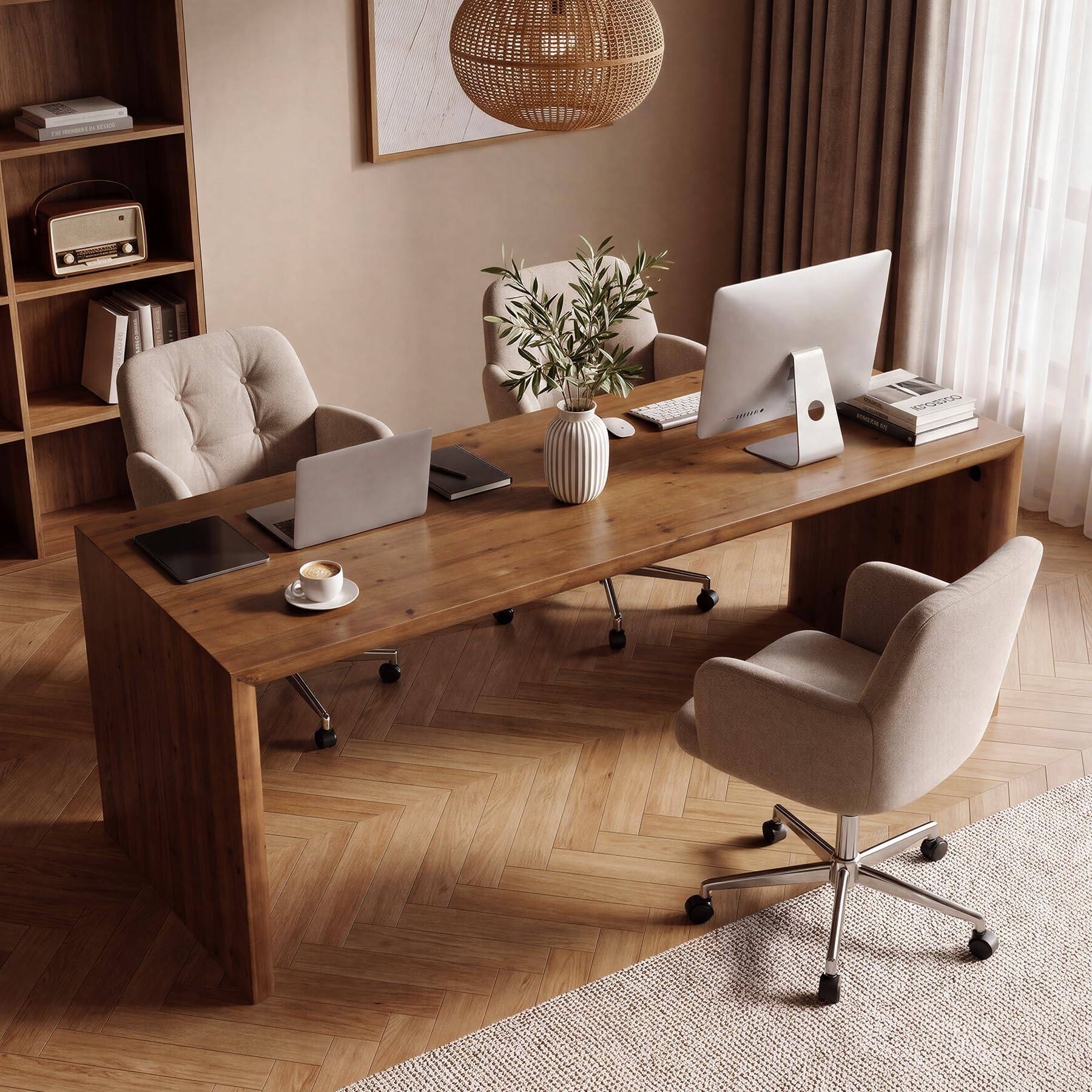 Back. Tribesigns - LITTLE TREE 68.9" Long Solid Wood Computer Desk, Two Person Double Desk - Rustic Brown.