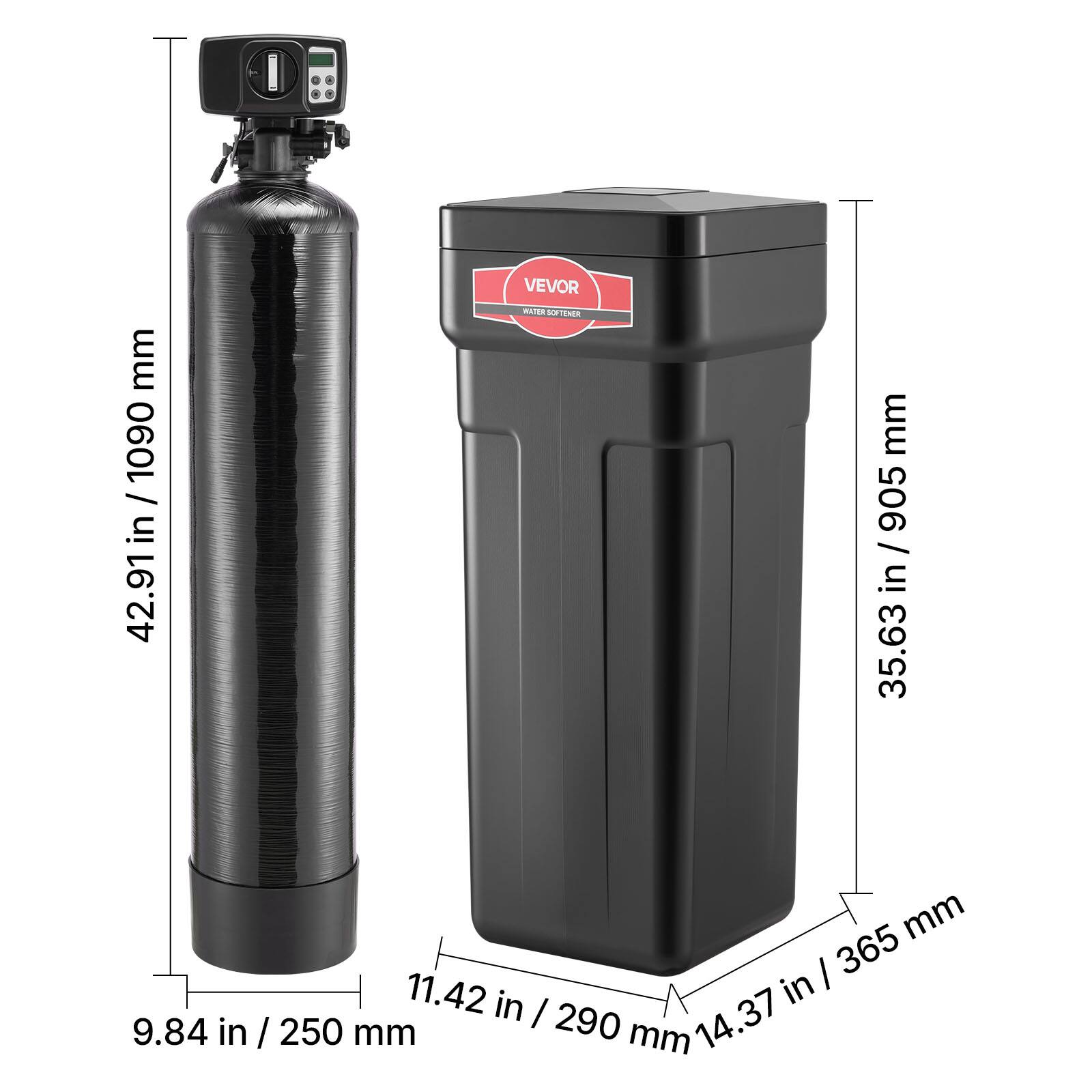 mm 1090 / 42.91 in / 1090 in 42.91 VEVOR PA0E TSNES - mm 905 in / 905 / in 35.63 mm I 365 11.42 in in I 290 14.37 9.84 in / / 250 mm mm

Corrected:

- Height: 42.91 in / 1090 mm
- Width: 11.42 in / 290 mm
- Depth: 14.37 in / 365 mm
- Base: 9.84 in / 250 mm