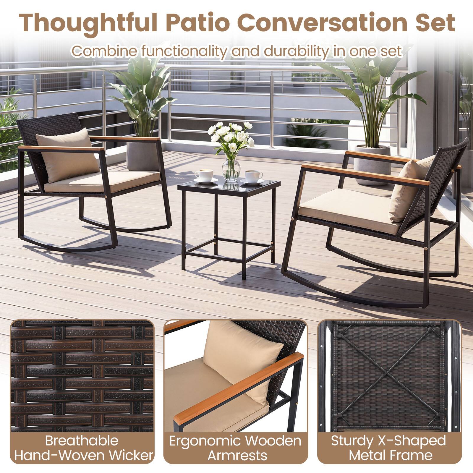 Thoughtful Patio Conversation Set  
Combine functionality and durability in one set  

Breathable Ergonomic Wooden Hand-Woven Wicker Armrests  
Sturdy X-Shaped Metal Frame