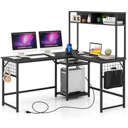 Ecooso - L-Shaped Desk with Power Outlet and Hutch, Corner Workstation for Home Office Setup - Black