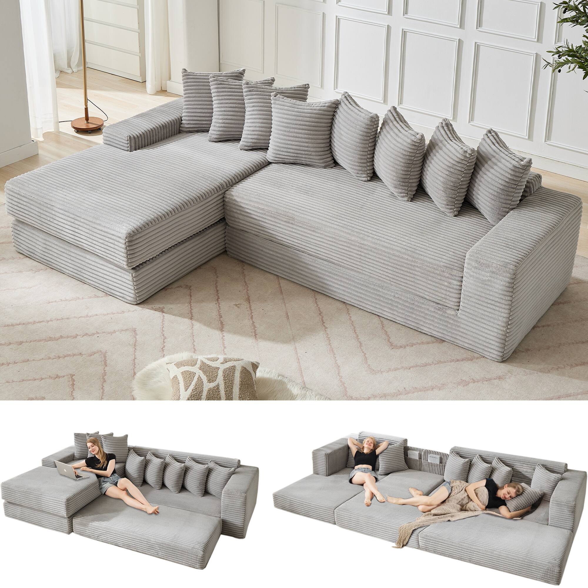 Front. TinyHomie - Oversize Cloud Couch L-Shape Sofa Convertible Floor Sleeper Sofa Bed No Assembly Eight pillows 3-in-1 Side Pocket - Light Gray.