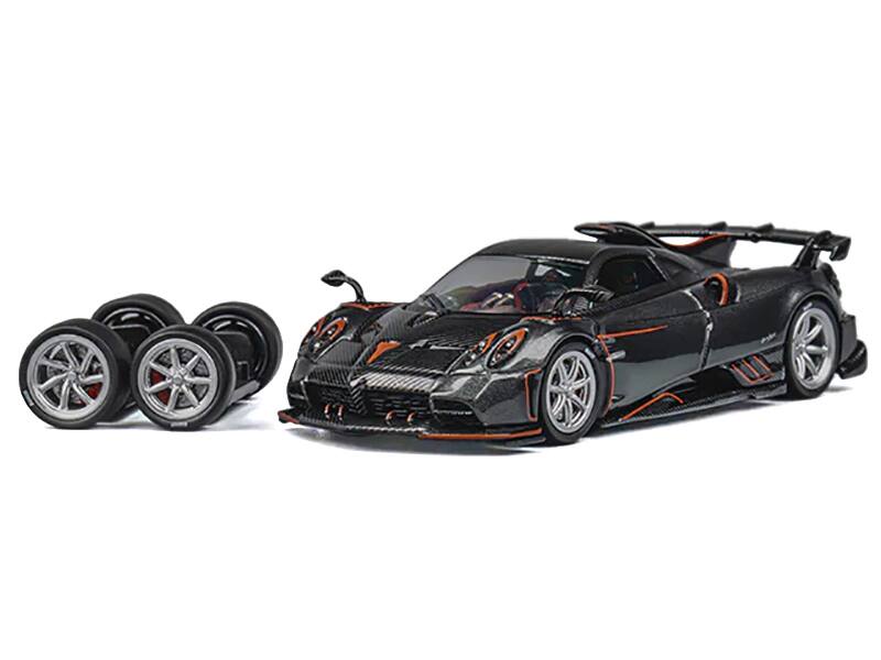 Alt View 1. CM Models - Pagani Imola Dark Gray Metallic with Carbon and Orange Accents with Extra Wheels 1/64 Diecast Model Car by CM Models.