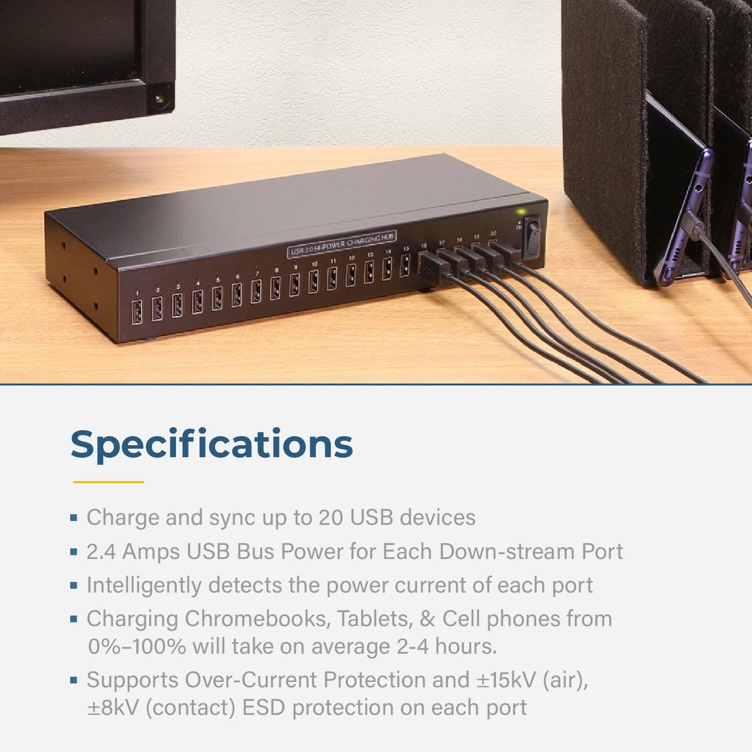 Specifications  
- Charge and sync up to 20 USB devices  
- 2.4 Amps USB Bus Power for Each Down-stream Port  
- Intelligently detects the power current of each port  
- Charging Chromebooks, Tablets, & Cell phones from 0%-100% will take on average 2-4 hours.  
- Supports Over-Current Protection and ±15kV (air), ±8kV (contact) ESD protection on each port