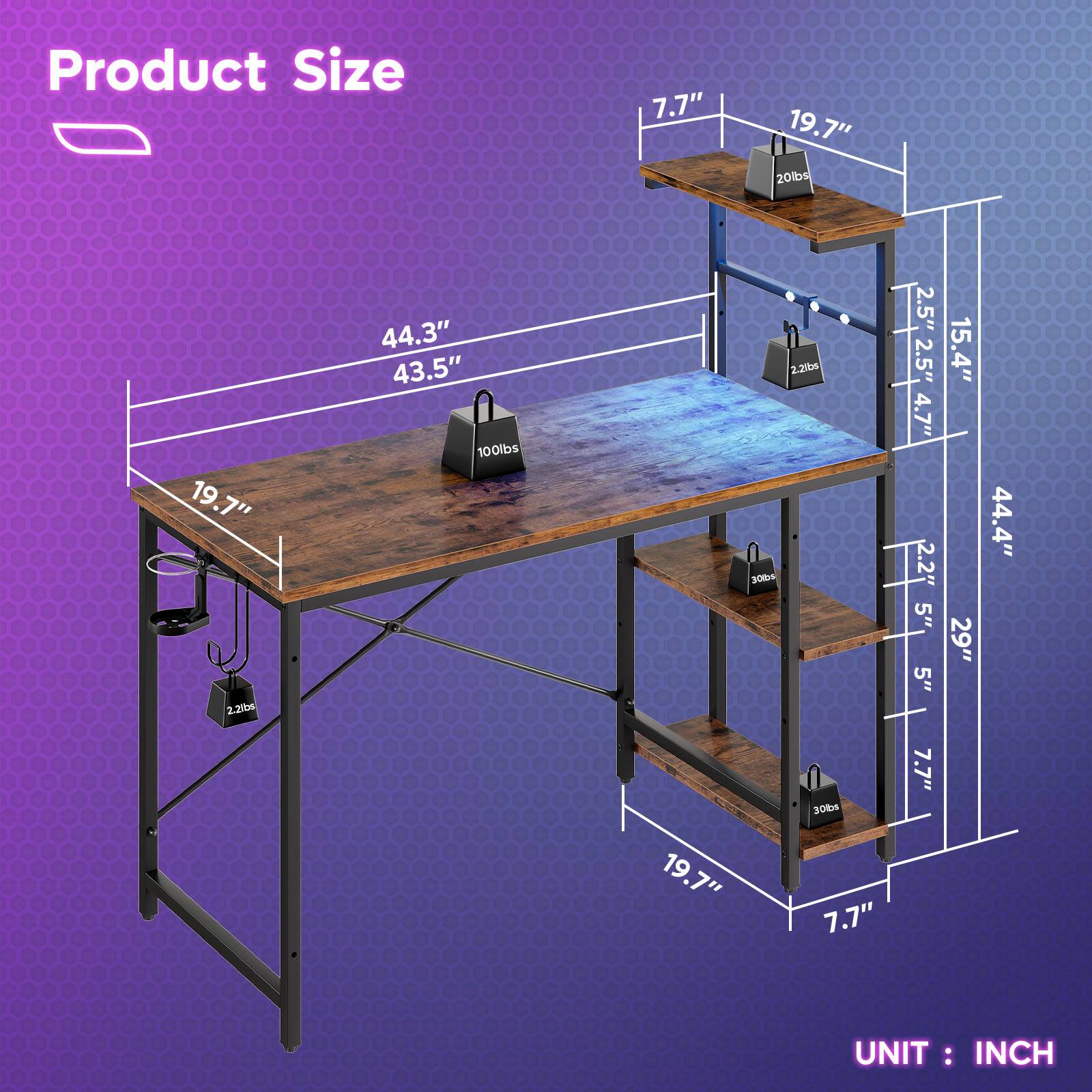 Product Size 7.7" 19.7" 20lbs 19.7" 2.25bm 44.3" 43.5" 100lbs 2.2706 20104 2.5" 2.5" 4.7" 2.2" 5" 5" 15.4" 29" 44.4" 19.7" 30ks 7.7" 7.7" UNIT: INC: