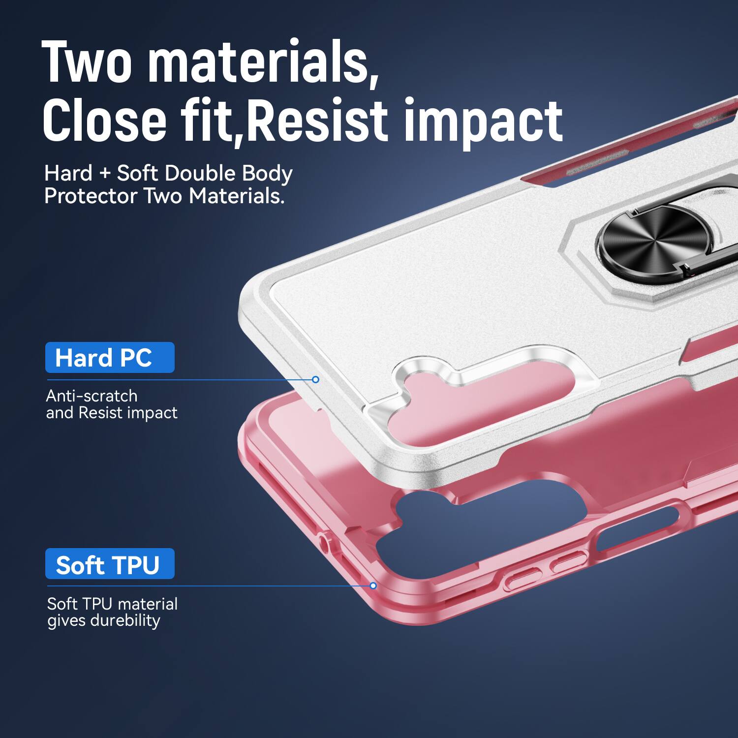 Two materials, Close fit, Resist impact  
Hard + Soft Double Body Protector Two Materials.  

Hard PC  
Anti-scratch and Resist impact  

Soft TPU  
Soft TPU material gives durability