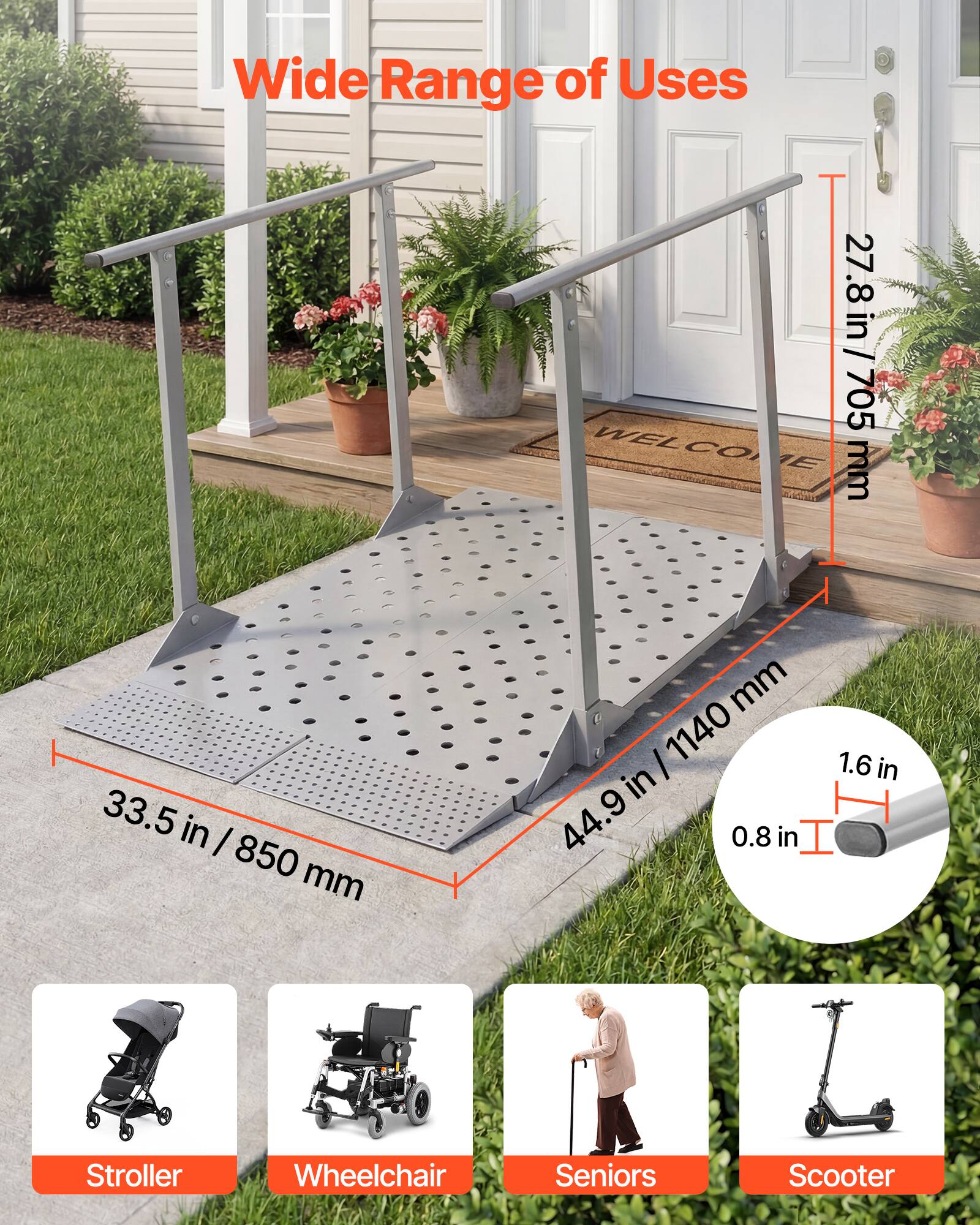 Wide Range of Uses

- 27.8 in / 705 mm
- 33.5 in / 850 mm
- 44.9 in / 1140 mm
- 1.6 in / 44.9 mm
- 0.8 in

Stroller Wheelchair Seniors Scooter