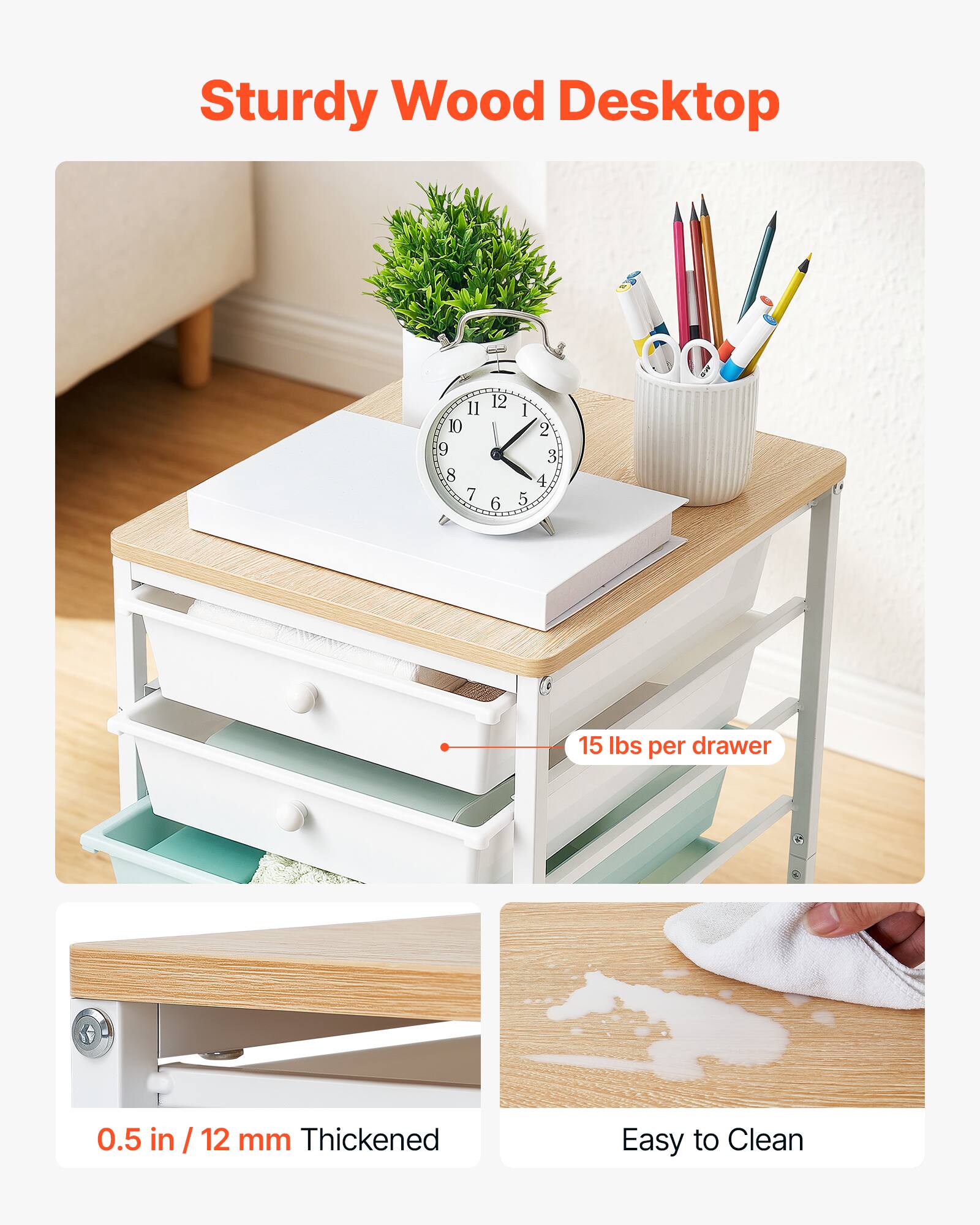 Sturdy Wood Desktop

11 10 9 8 7  
12 6  
I 5  
2 3 4  

15 lbs per drawer  
0.5 in / 12 mm Thickened  
Easy to Clean