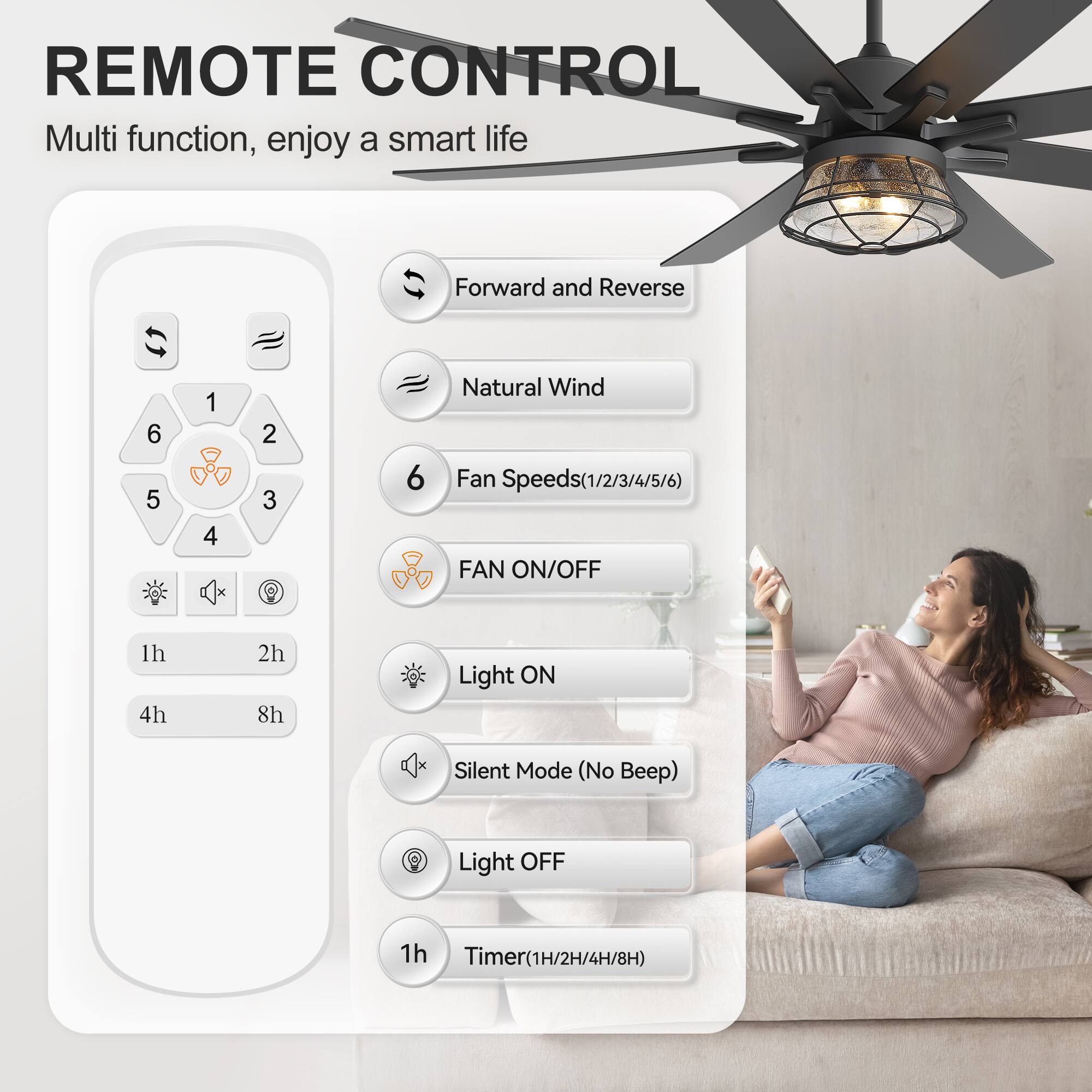 REMOTE CONTROL  
Multi function, enjoy a smart life  

- Forward and Reverse  
- Natural Wind  
- Fan Speeds(1/2/3/4/5/6)  
- FAN ON/OFF  
- Light ON  
- Silent Mode (No Beep)  
- Light OFF  
- Timer(1H/2H/4H/8H)