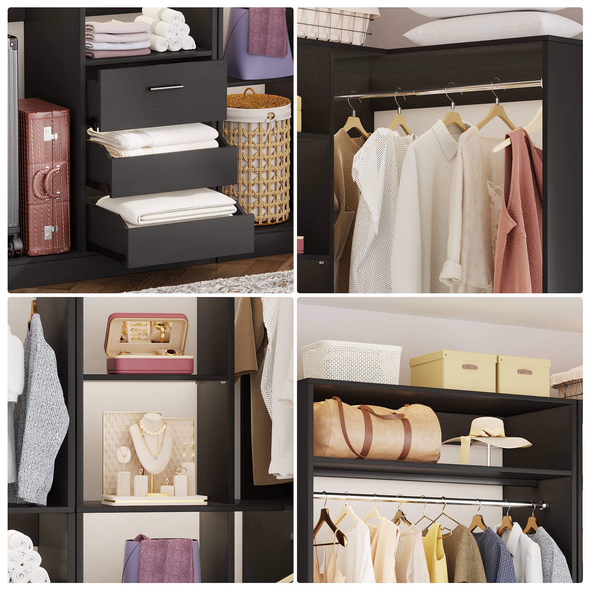 Alt View 1. Aheaplus - 72" Freestanding Corner Closet System - 2-Piece Wood Wardrobe with Drawers & Hanging Rods - Black.