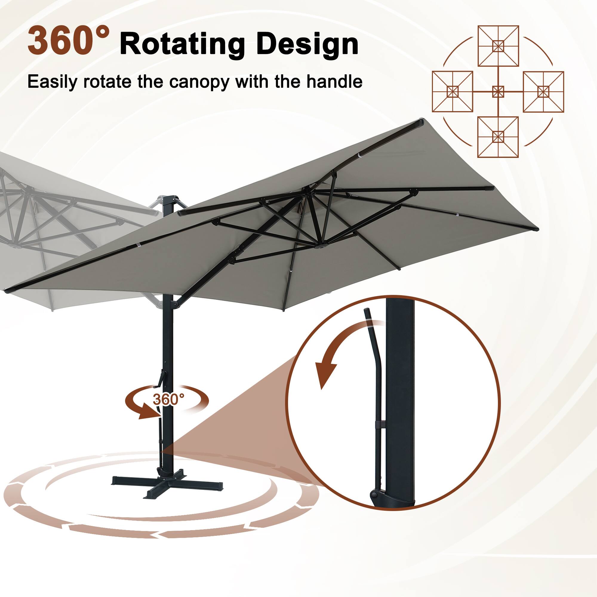 360° Rotating Design  
Easily rotate the canopy with the handle