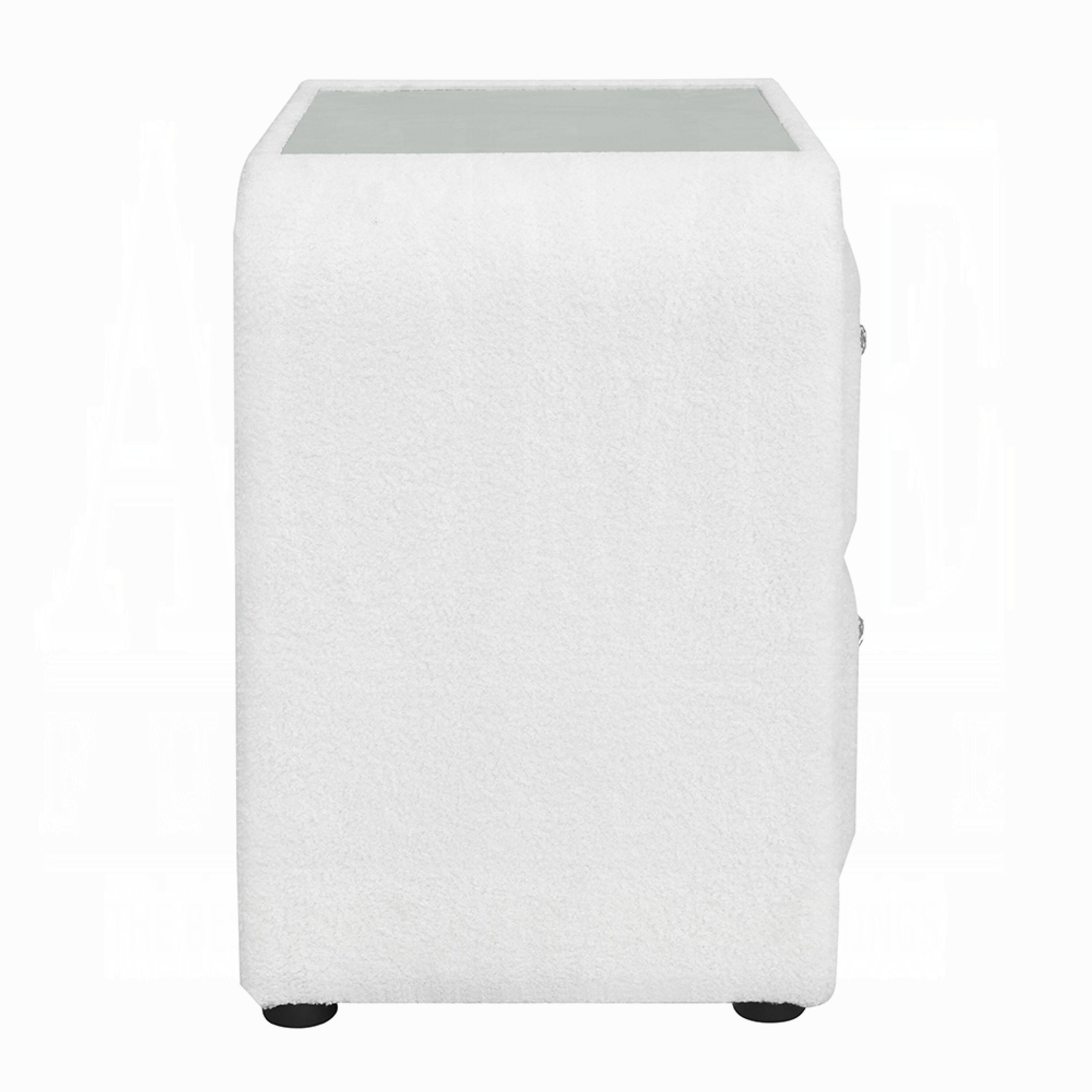 Left. Manhattan Lane - Kery Glass Top Nightstand, 2 Drawers, Teddy Sherpa Upholstery - White, Chrome, Black.