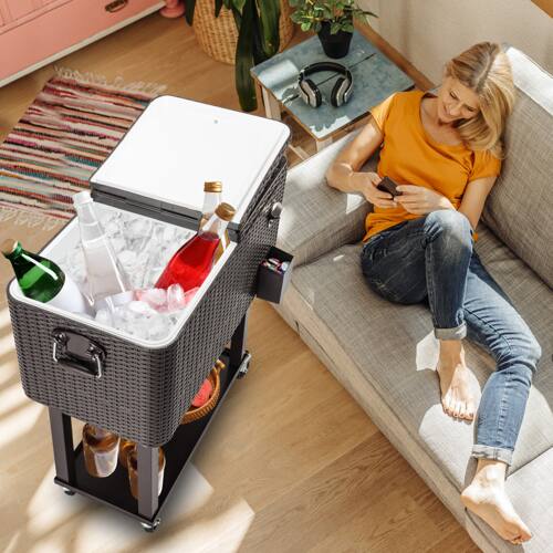 Alt View 7. Winado - 80QT Rolling Ice Chest, Portable Patio Party Bar Drink Cooler Cart, with Shelf, Beverage Pool Bottle Opener for Outdoor - Brown.