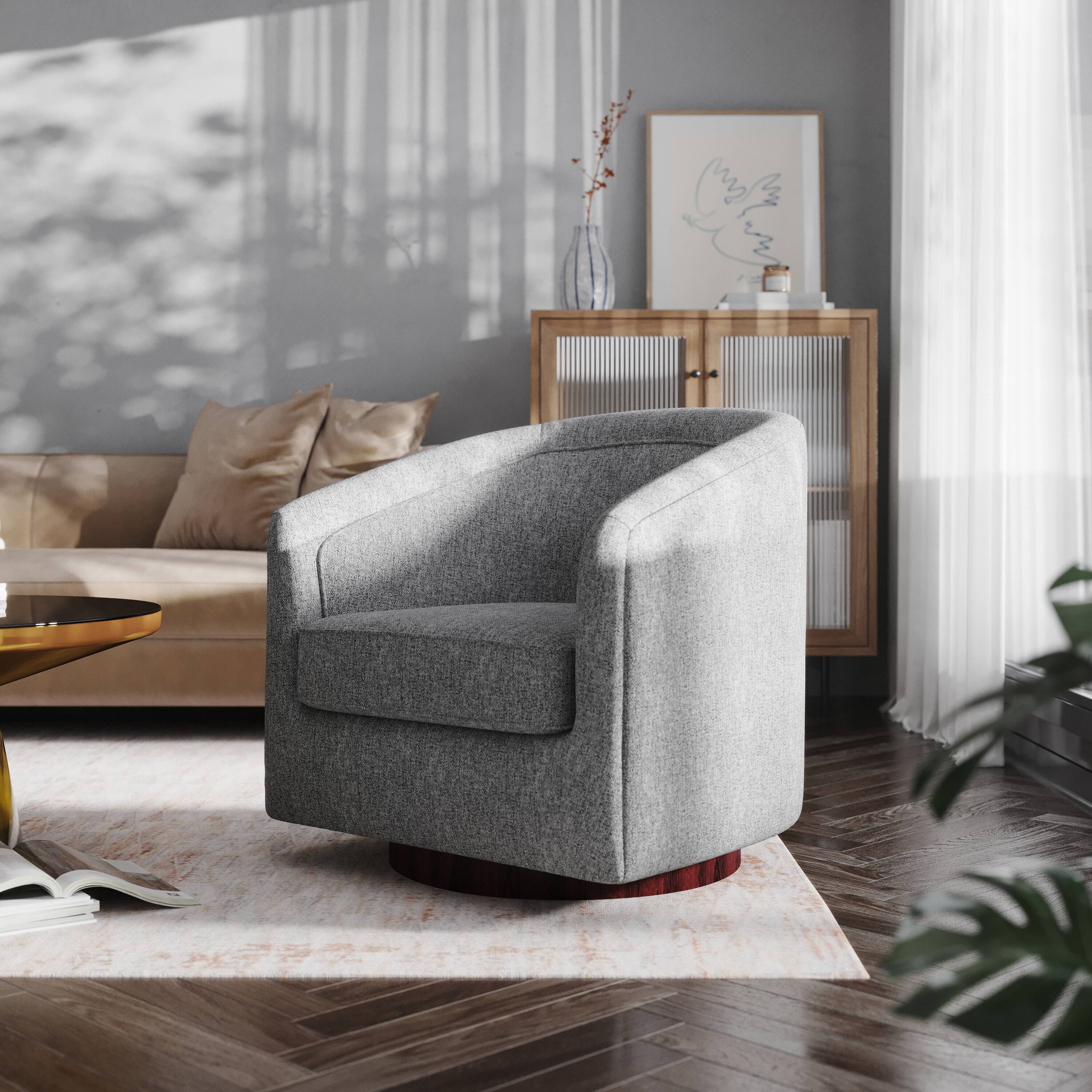 Alt View 3. Emma + Oliver - Della Club Style Barrel Accent Chair with 360 Degree Swivel Brushed Gold Vinyl Wrapped Base and Sloped Armrests - Gray.