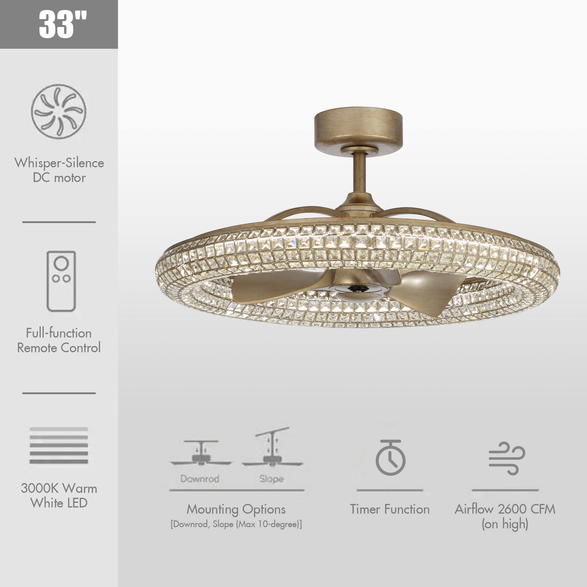 33" Whisper-Silence DC motor  
Full-function Remote Control  
3000K Warm White LED  
Downrod Slope Mounting Options [Downrod, Slope (Max 10-degree)]  
Timer Function  
Airflow 2600 CFM (on high)