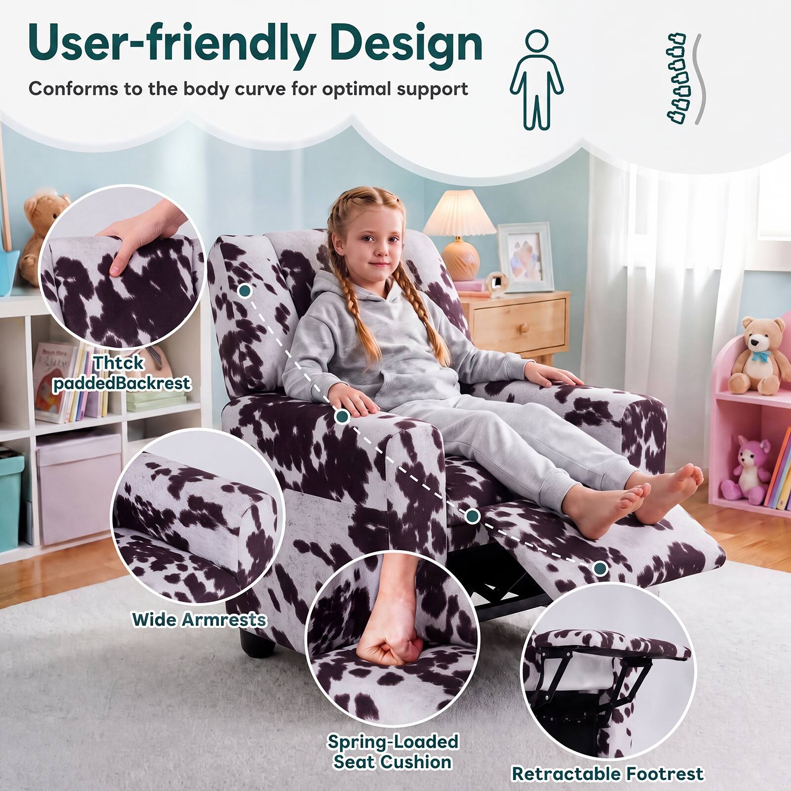 User-friendly Design  
Conforms to the body curve for optimal support

Thick padded Backrest  
Wide Armrests  
Spring-Loaded Seat Cushion  
Retractable Footrest