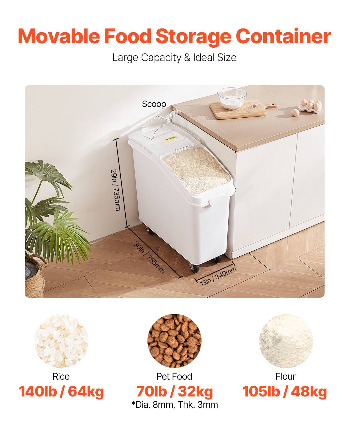 Movable Food Storage Container, Large Capacity & Ideal Size, Scoop, 29in - 735mm, 30in - 755mm, 13in - 340mm, Rice, Pet Food, Flour, 140lb/ 64kg, 70lb /32kg, 105lb /48kg, *Dia. 8mm, Thk. 3mm
