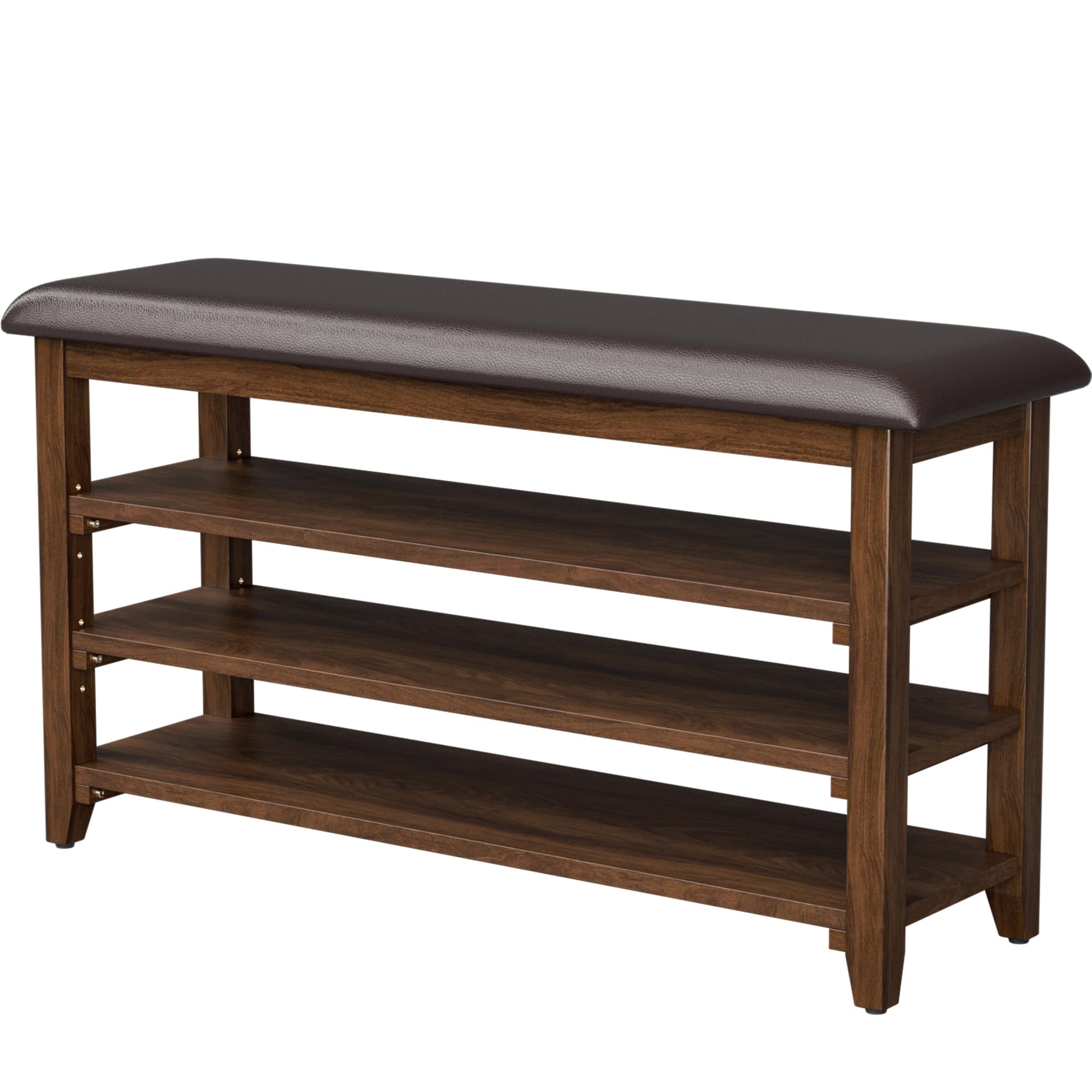 Fabibe - Wood Bench Brown Shoe Storage Rubberwood with Leather Cushion, Entryway - Brown 39.4"L x 11.8"W x 21.7"H