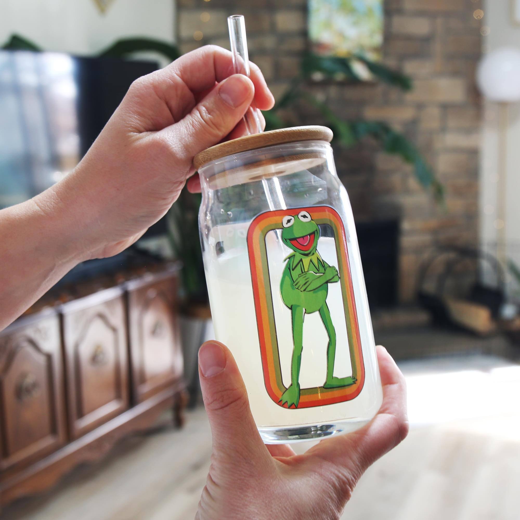 Alt View 2. Silver Buffalo - The Muppets Kermit the Frog 16-Ounce Glass Tumbler With Bamboo Lid and Straw - Green.