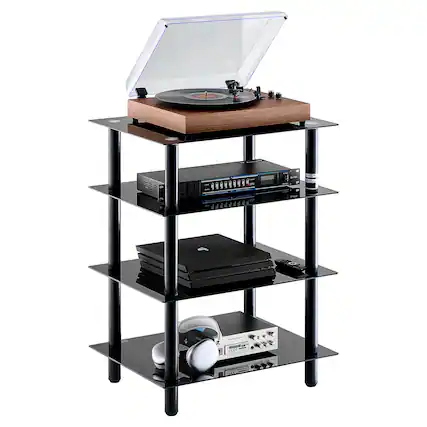 Front. VEVOR - 4-Tier AV Media Stand, Audio/Video Stand with Strengthened Tempered Glass Shevles - Black+Silver.