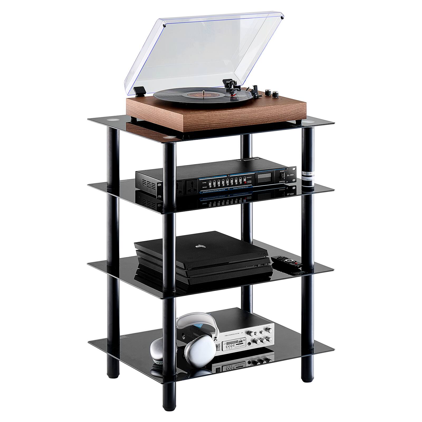 Front. VEVOR - 4-Tier AV Media Stand, Audio/Video Stand with Strengthened Tempered Glass Shevles - Black+Silver.