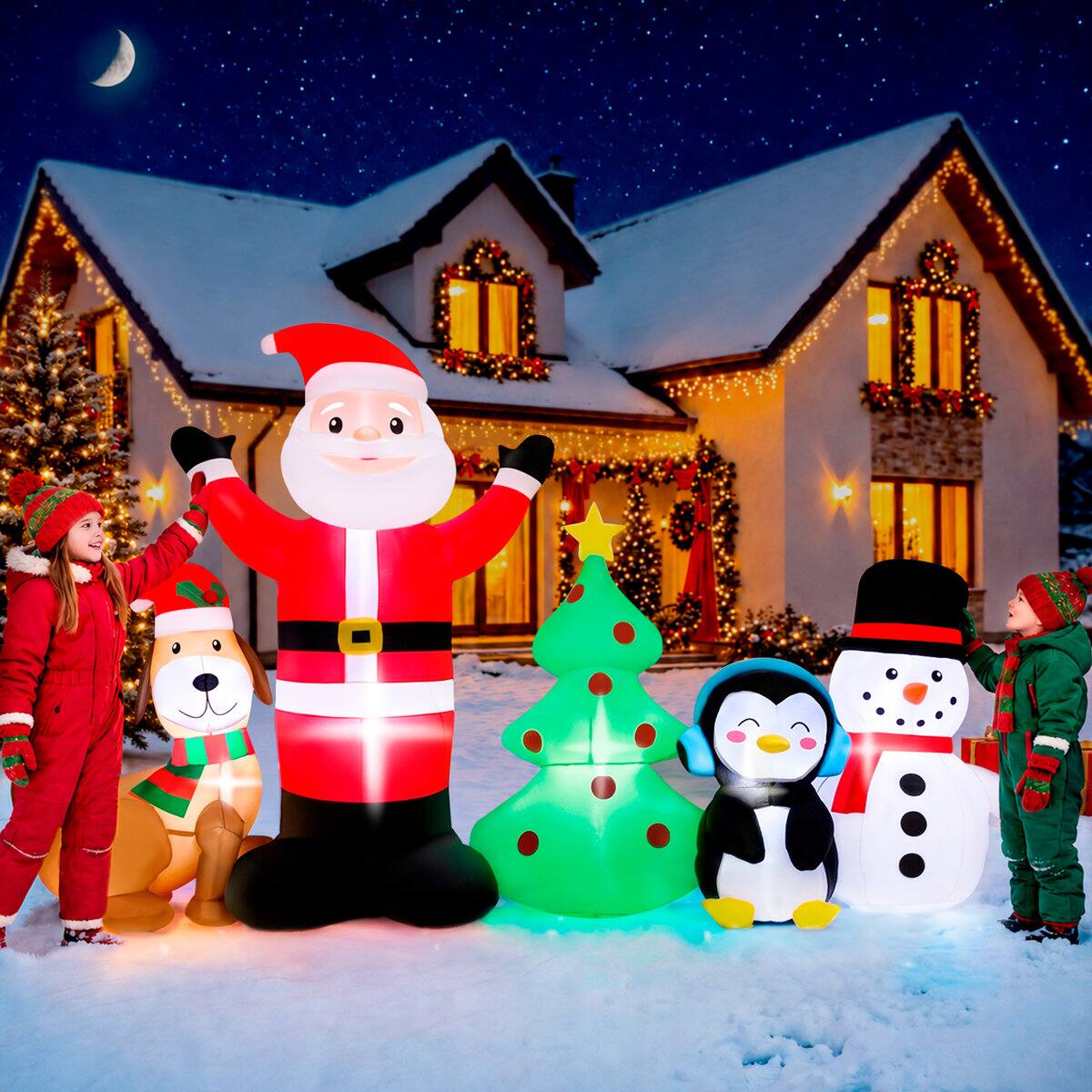 Left. Wisairt - 6FT Christmas Inflatable Santa Claus and Snowman Outdoor Yard Decoration with Built-in LED lihgts, 10s Fast Blow-up - Green|White|Red.