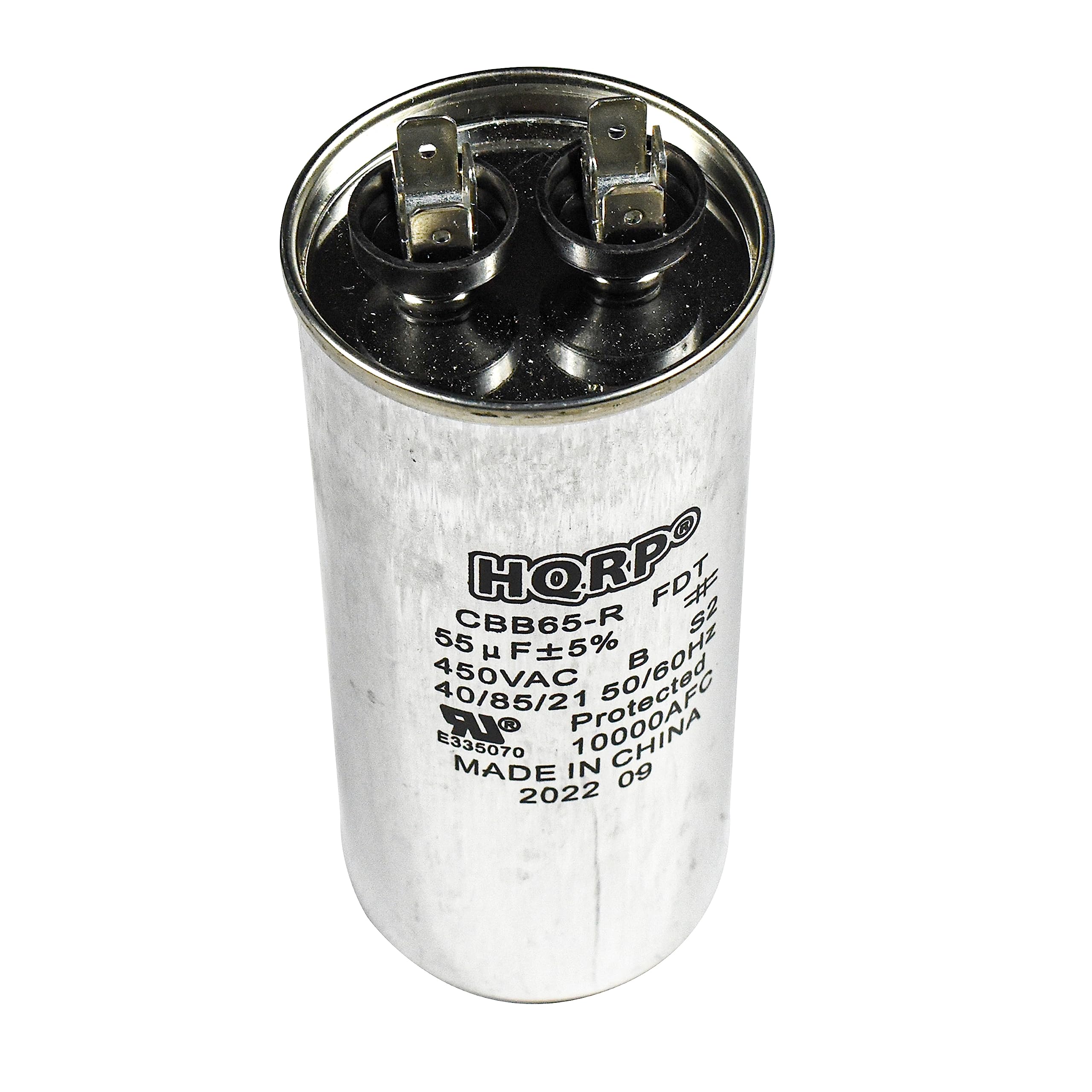 CBB65-R  
HQRP FDT #F S2  
55 µF 5%  
50/60Hz  
450VAC  
40/85/21  
Protected  
336070  
R F  
MADE IN CHINA  
09 2022
