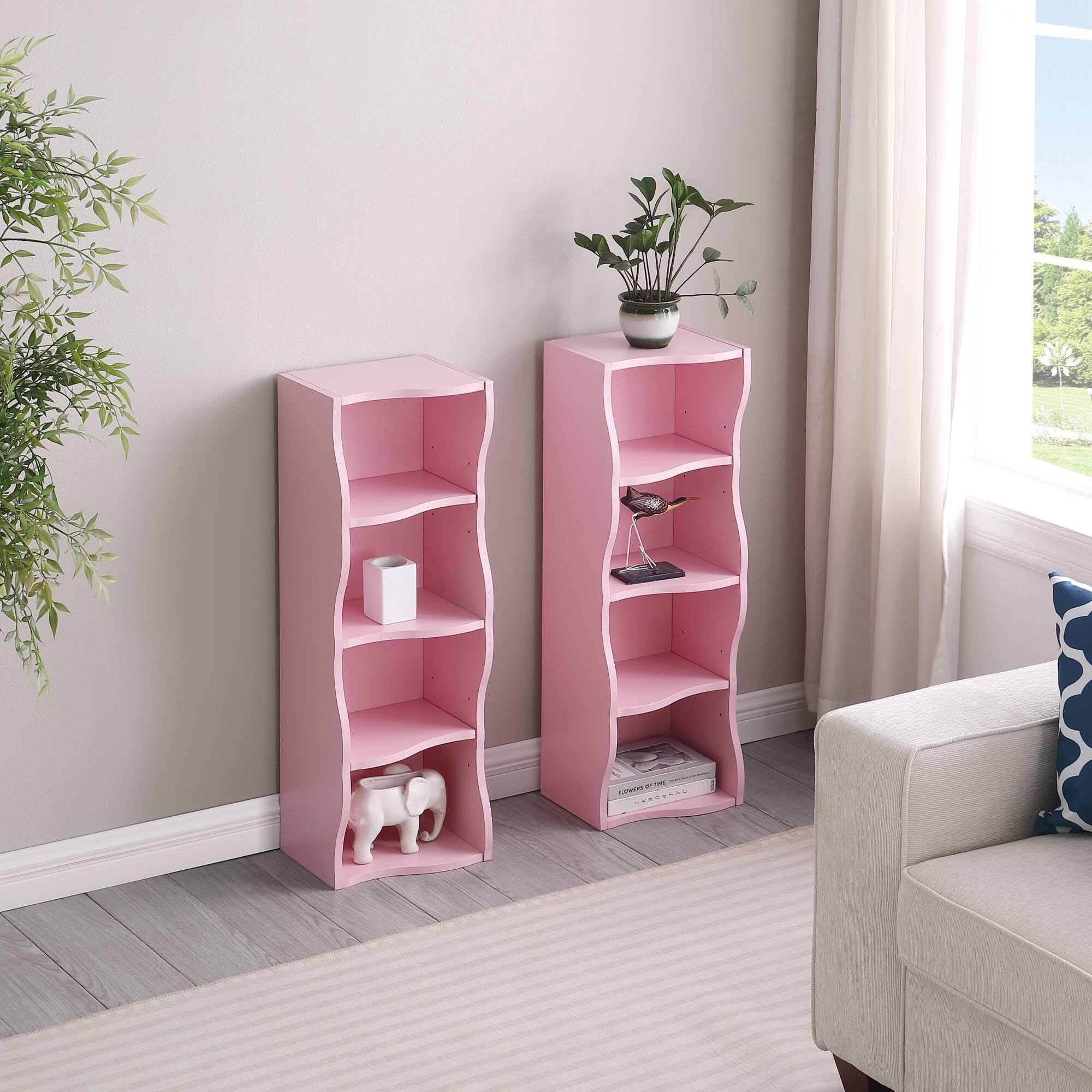 Back. GOODSILO - Ultra-Thin Adjustable Shelf Bookcase with Wavy Border Design for Home and Office Storage Solutions - Pink.