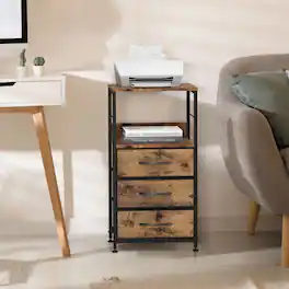 Oumilen - Rustic Industrial Nightstand with 3 Fabric Drawers – Black Metal Frame End Table for Bedroom, Office Printer Stand - Brown
