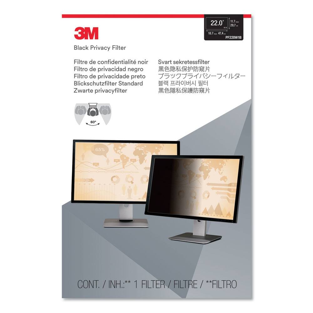 3M Black Privacy Filter

- Filtre de confidentialité noir
- Filtro de privacidad negro
- Filtro de privacidade preto
- Blickschutzfilter Standard
- Zwart privacyfilter
- Svart sekretessfilter
- 黑色隐私保护防窥片
- ブラックプライバシーフィルター
- 黑色隱私保護防窺片

CONT. / INH.** 1 FILTER / FILTRE / **FILTRO

PF220W1B

22.0" 11.7" 29.7" 18.7" 47.4"
