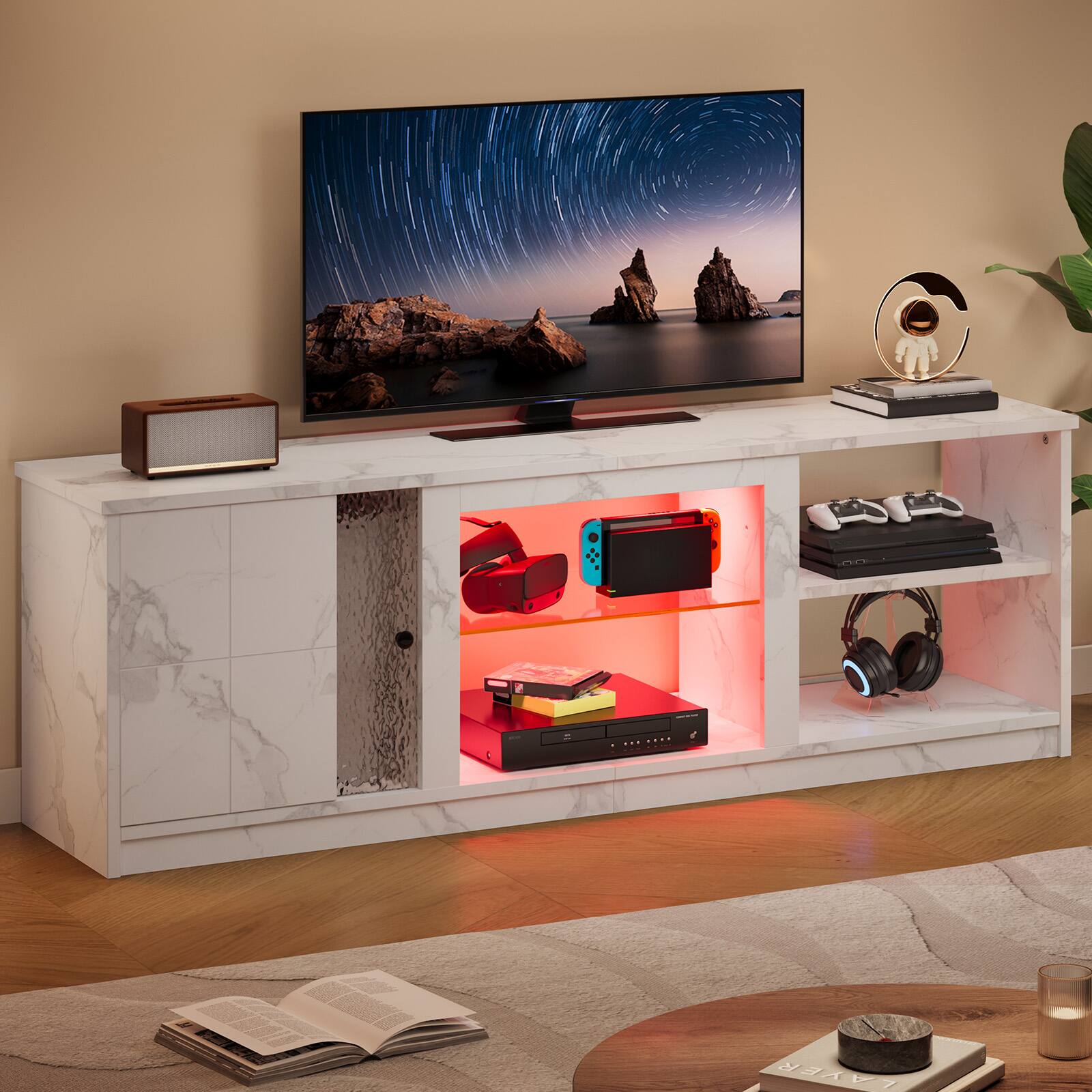 Front. Pinmoco - Pinmoco - 70" LED Marble TV Stand with Bookshelves & Cabinet - Marble White - Marble White.