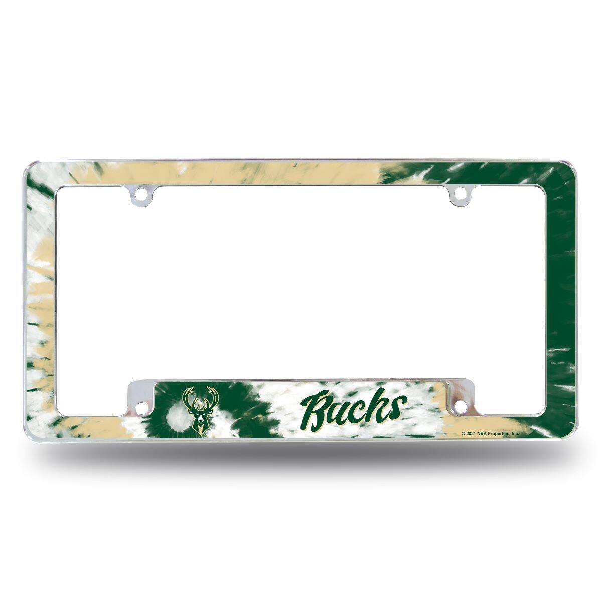 Milwaukee Bucks Chrome Metal License Plate Frame with Bold Tie Dye Design