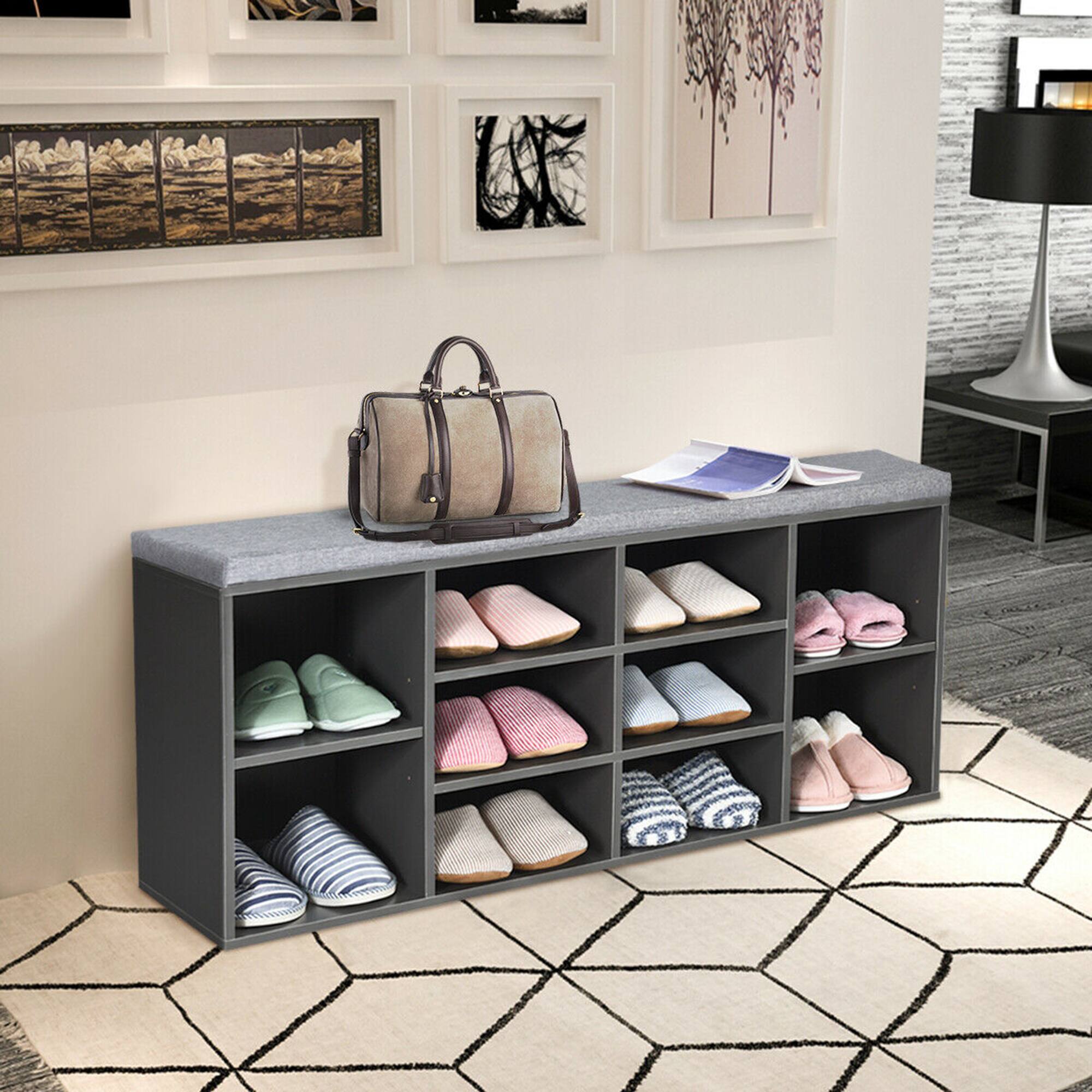 Alt View 11. Costway - Entryway Padded Shoe Storage Bench 10-Cube Organizer Bench Adjustable Grey - Grey.