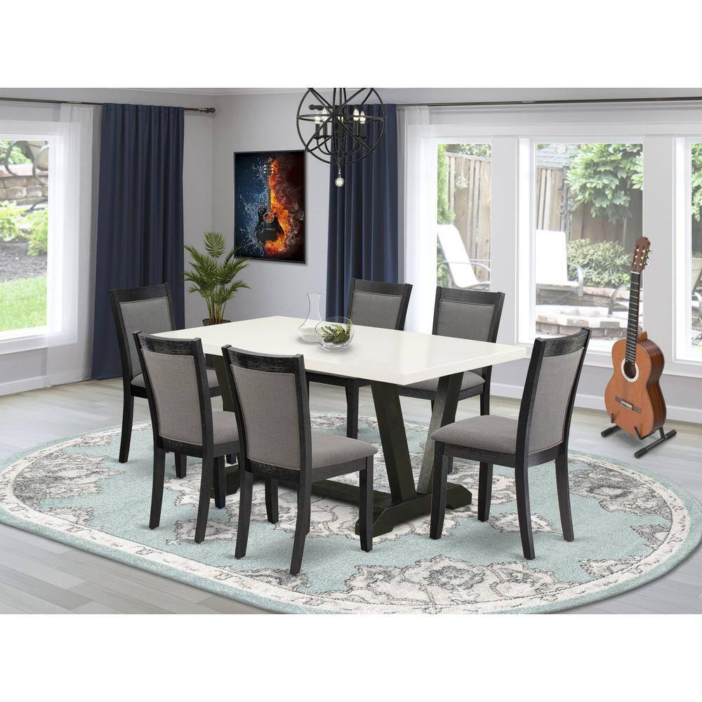 Alt View 3. East West Furniture - V626MZ650-7 7 Pc Table Set - Linen White Dinner Table with 6 Dark Gotham Grey Parson Chairs - Wire Brushed Black Finish - Multi-Color.