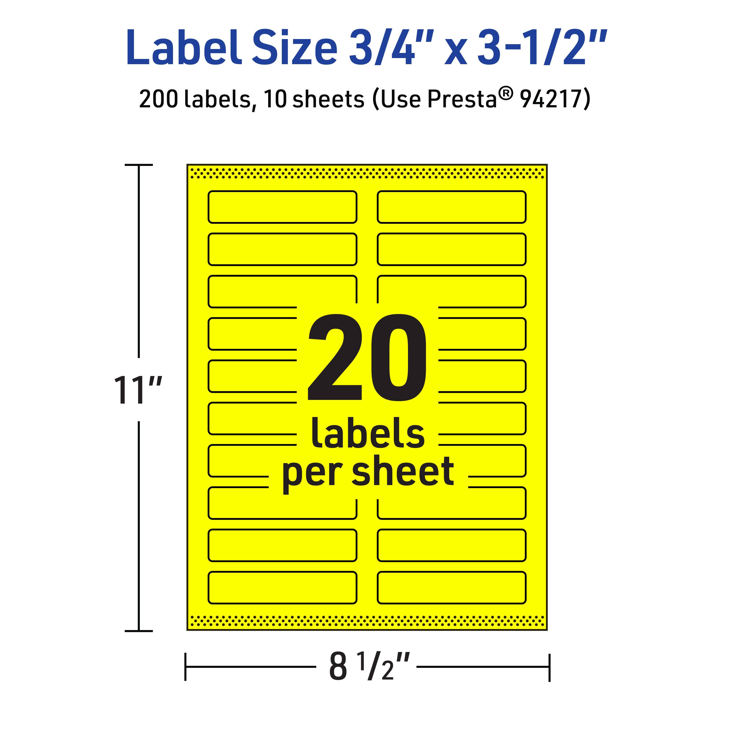 Label Size 3/4" x 3-1/2"  
200 labels, 10 sheets (Use Presta® 94217)  
20 labels per sheet  
11" x 8 1/2"