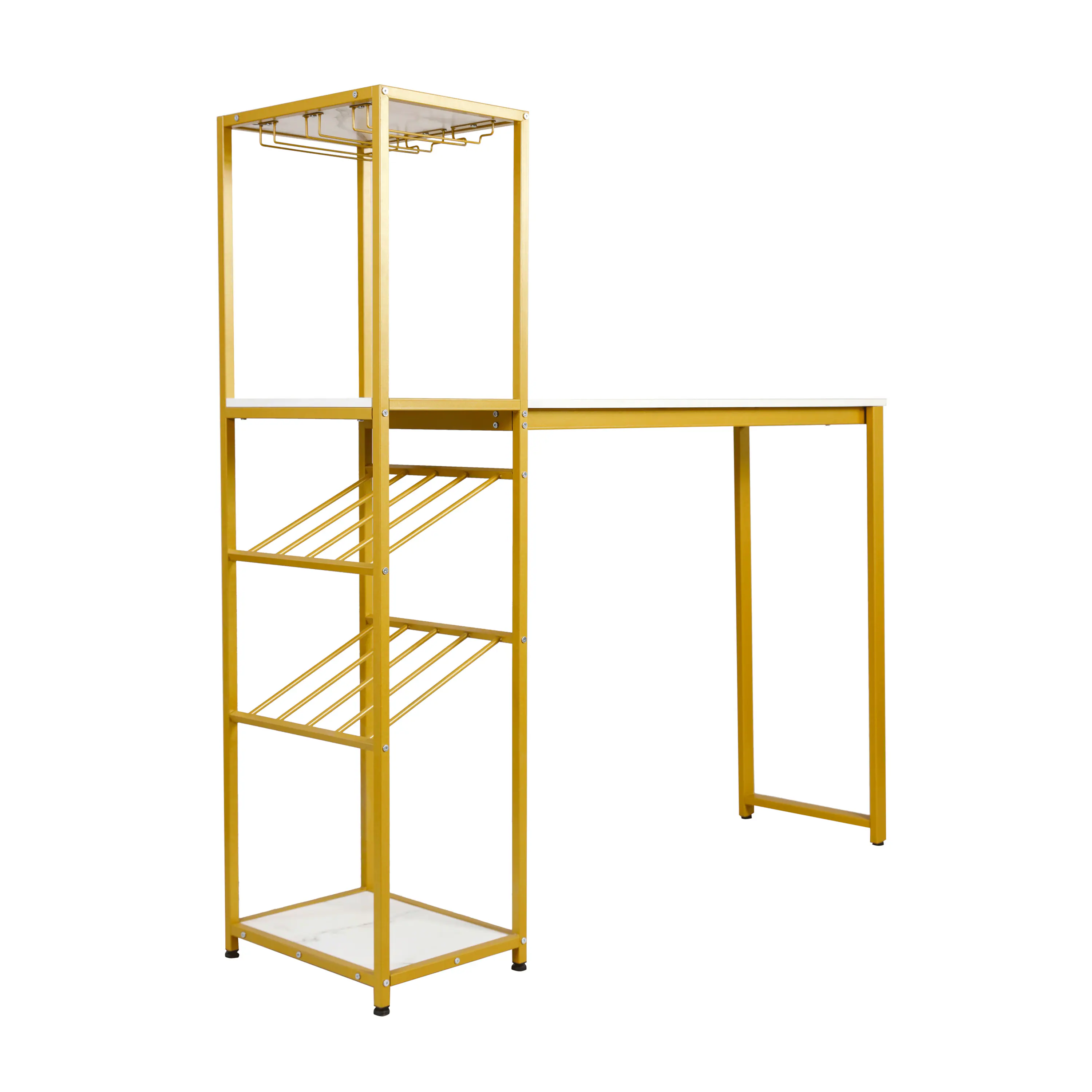 Alt View 1. Emma + Oliver - Modern Freestanding Metal Bar Table with Bottle and Stemware Storage - Marble Top/Gold Frame.