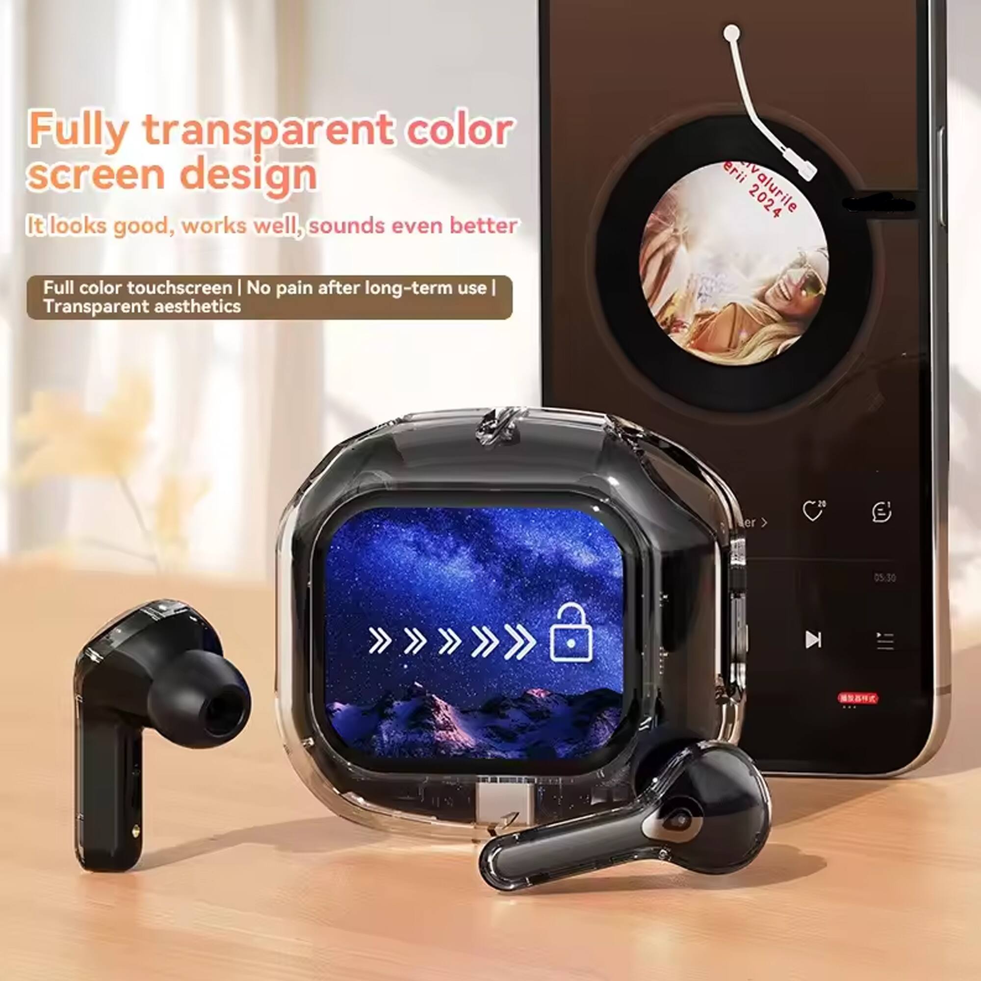 Fully transparent color screen design  
It looks good, works well, sounds even better  

Full color touchscreen | No pain after long-term use  
Transparent aesthetics  

erii valurile 2024  
05:30