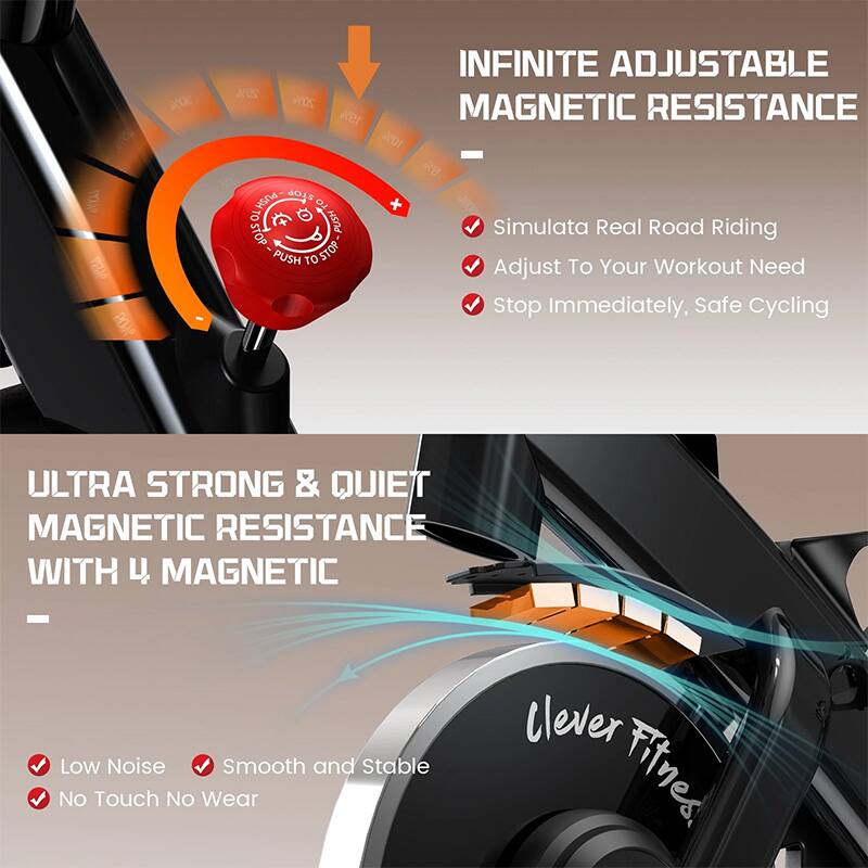 - **INFINITE ADJUSTABLE MAGNETIC RESISTANCE**
  - Simulate Real Road Riding
  - Adjust To Your Workout Need
  - Stop Immediately, Safe Cycling

- **ULTRA STRONG & QUIET MAGNETIC RESISTANCE WITH 4 MAGNETIC**
  - Low Noise
  - Smooth and Stable
  - No Touch No Wear

- **VOUE 45% 20 30% 25% 20% 15% HSOg os of TOSTOP PUSHTO PUSH PUSH TO STOP**