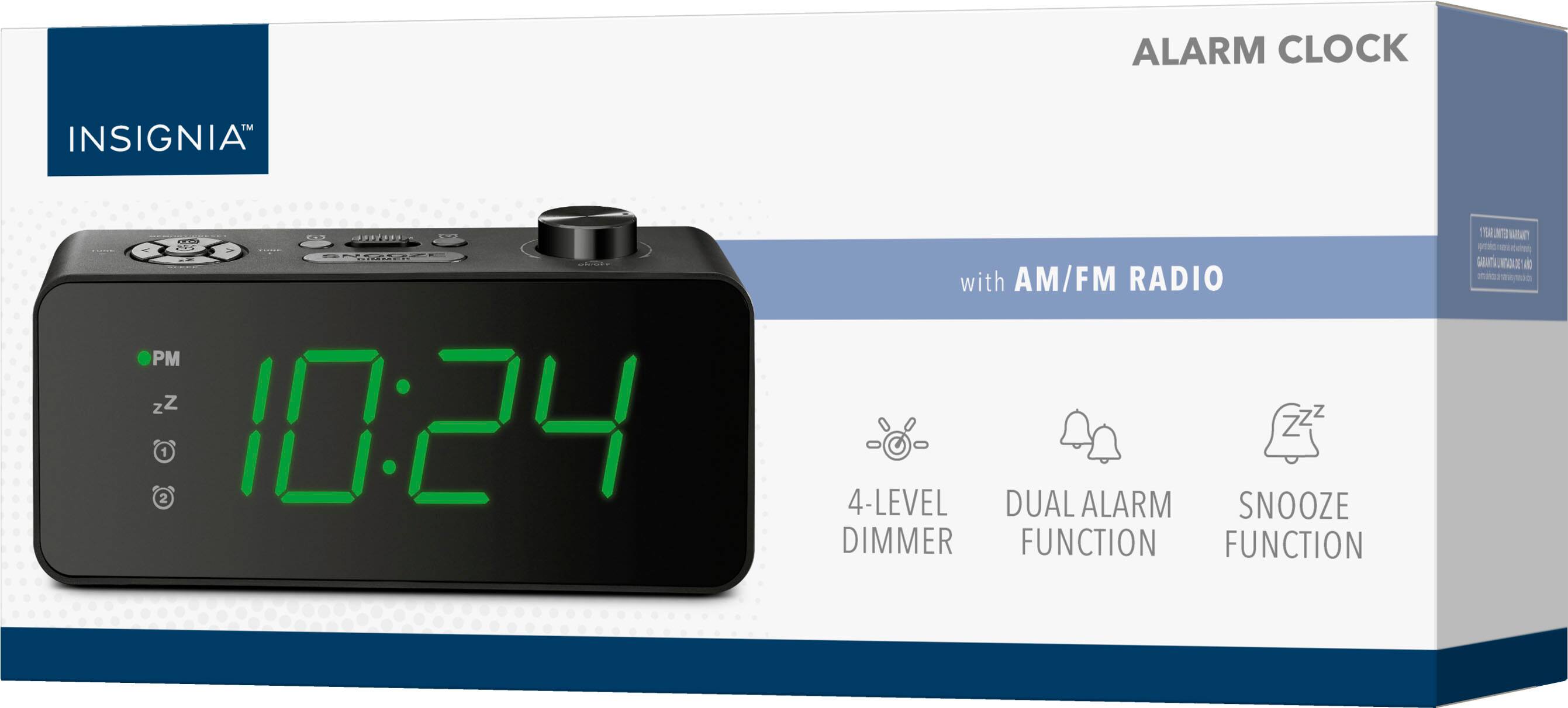 The text on the image reads: "Insignia Alarm Clock TM 10:24 with AM/FM Radio 4-Level Dual Alarm Snoreze Dimmer Function."