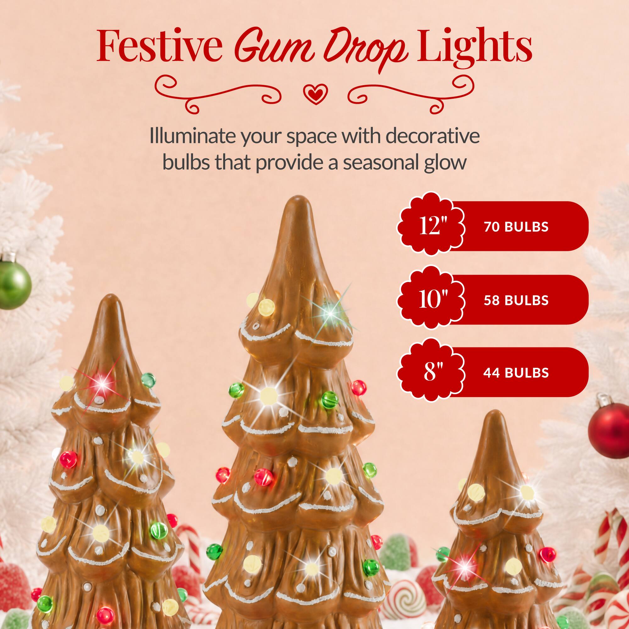 Festive Gum Drop Lights

Illuminate your space with decorative bulbs that provide a seasonal glow

12" - 70 BULBS  
10" - 58 BULBS  
8" - 44 BULBS