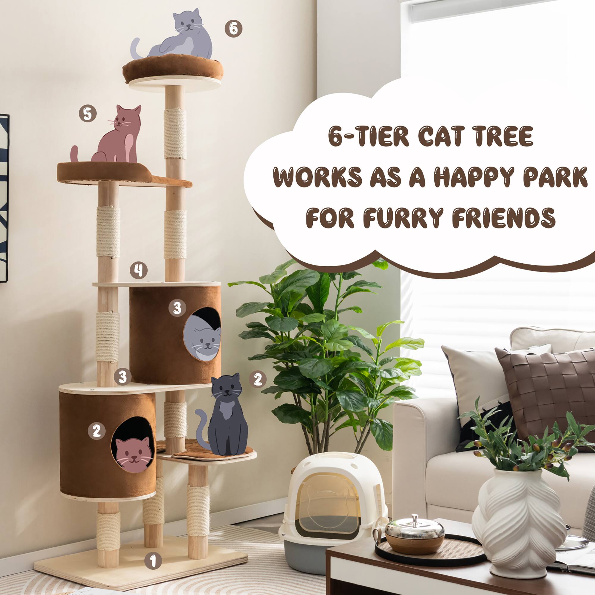 6-TIER CAT TREE WORKS AS A HAPPY PARK FOR FURRY FRIENDS 6 5 4 3 2 1