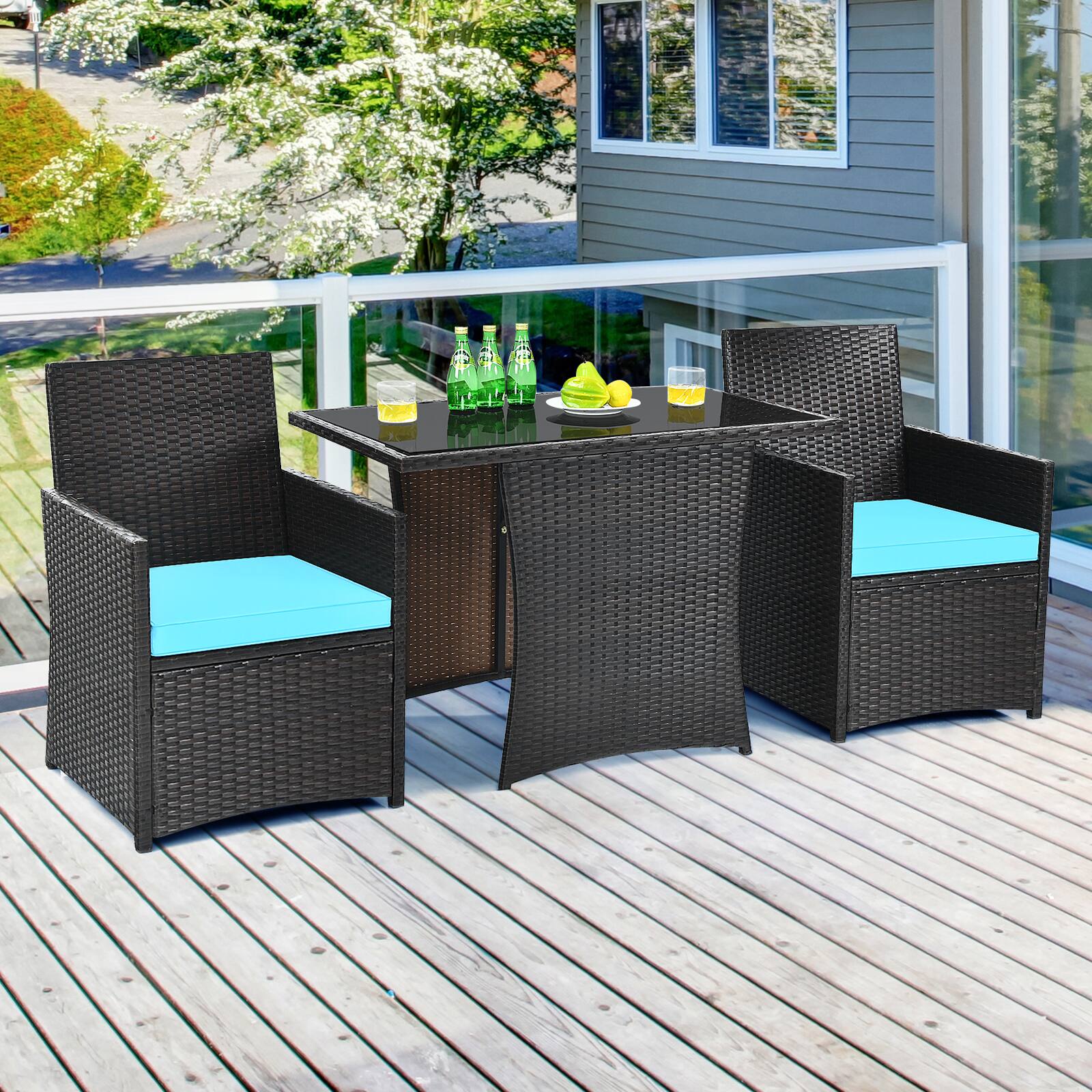 Alt View 1. Costway - Costway  3PCS Patio Rattan Furniture Set Cushion Sofa Armrest Garden - Turquoise.