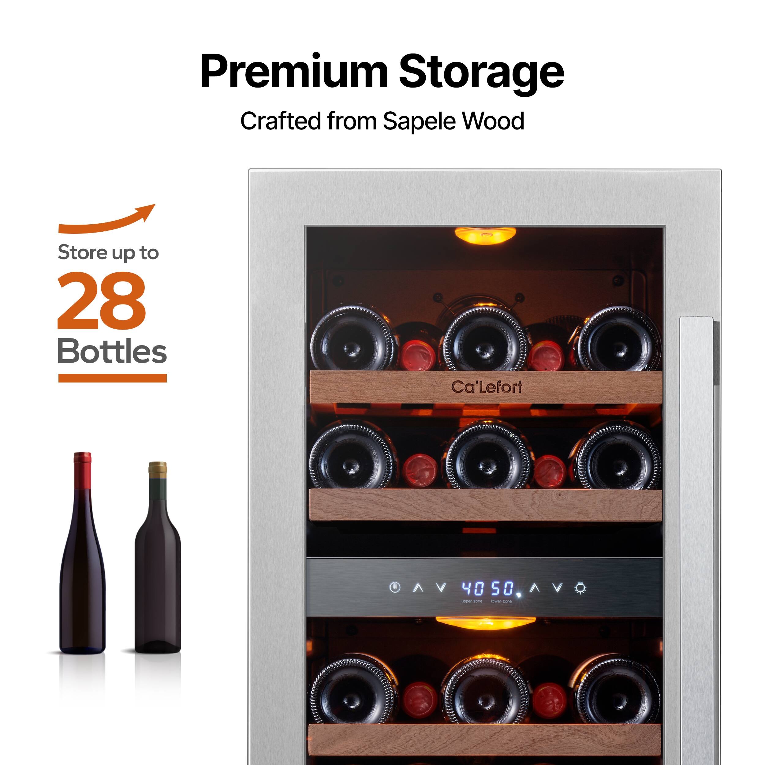 Premium Storage  
Crafted from Sapele Wood  
Store up to 28 Bottles  
Ca'Lefort