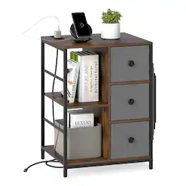 Gymax - Nightstand 3-Tier Storage End Table Bedside Table with Charging Station & Shelf - Brown