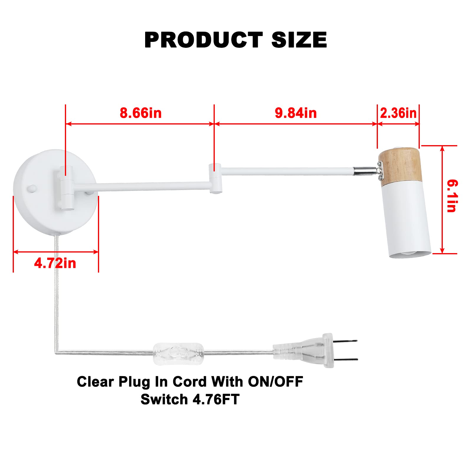 PRODUCT SIZE

8.66in  
9.84in  
2.36in  
6.1in  
4.72in  

Clear Plug In Cord With ON/OFF Switch 4.76FT